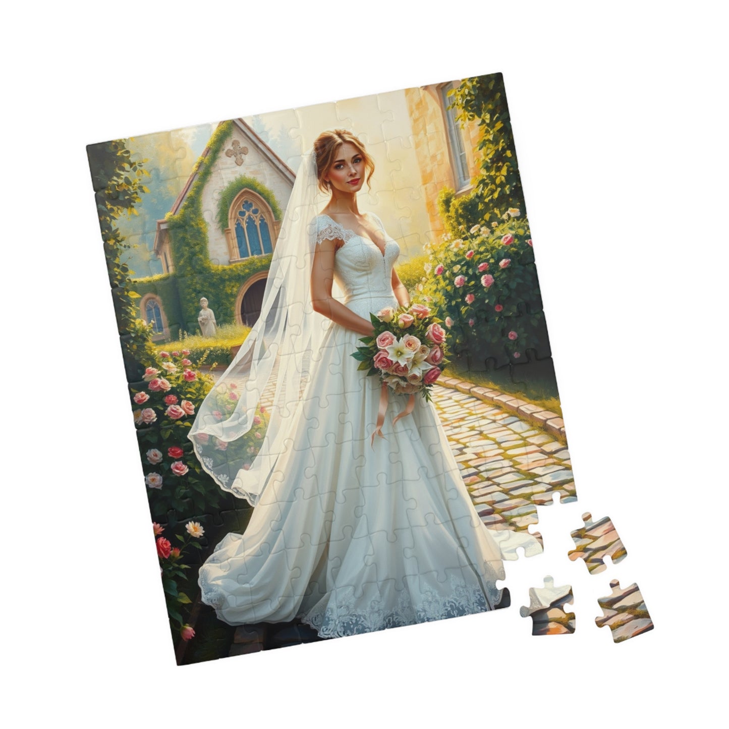 Elegant Italian Bride Jigsaw Puzzle, White Gown Rose and Lily Bouquet, Tuscan Chapel Romantic Wedding, Unique Puzzle Enthusiast Gift Hobby Puzzle The Puzzle Chest