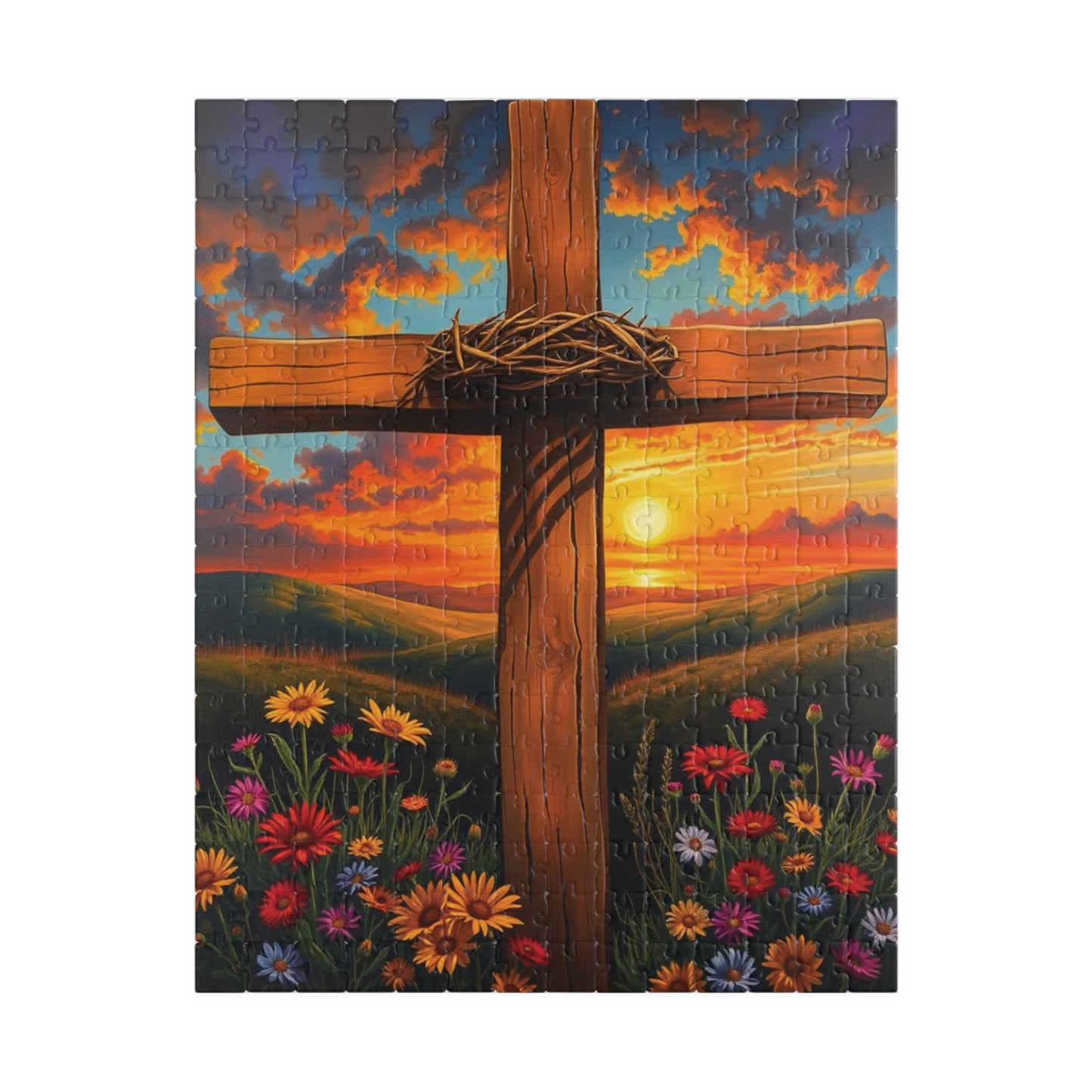 Crown of Thorns Cross Puzzle, Sunset Scene with Symbolic Christian Art, Religious Faith-Based Jigsaw Game, Inspirational Puzzle Lover Gift