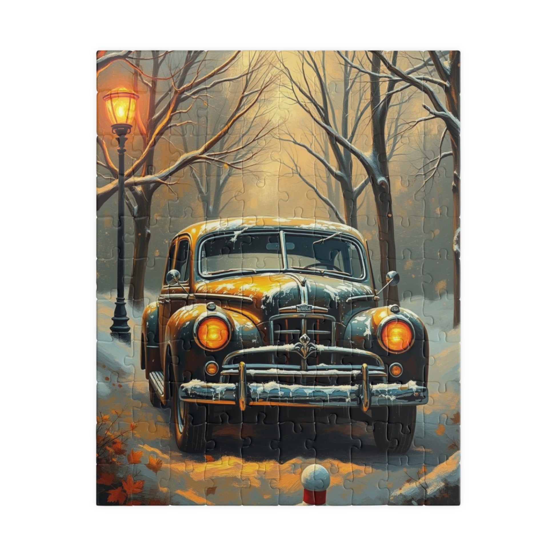 Vintage Car Jigsaw Puzzle Winter Scene, 110 252 520 1014-piece, Christmas Gift, Holiday Activity, Snowy Day Activity, Car Lover Gift, Retro 110 pcs (Vertical) Puzzle The Puzzle Chest