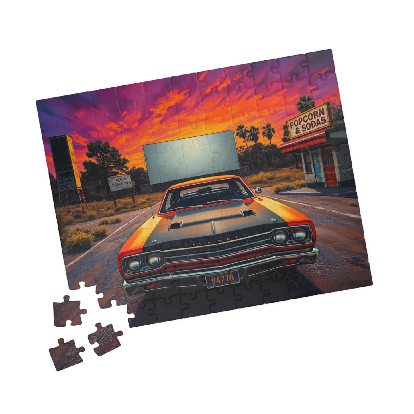 Vintage Car Puzzle, Orange 1969 Road Runner, Sunset Classic Vehicle Scene Nostalgic Drive-In Background Puzzle The Puzzle Chest