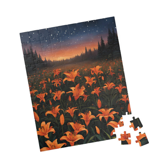 Twilight Tiger Lilies Puzzle, Floral Scene with Starry Sky, Nature-Inspired Jigsaw Game, Ideal Gift for Puzzle Lovers and Art Enthusiasts 110 pcs (Vertical) Puzzle The Puzzle Chest