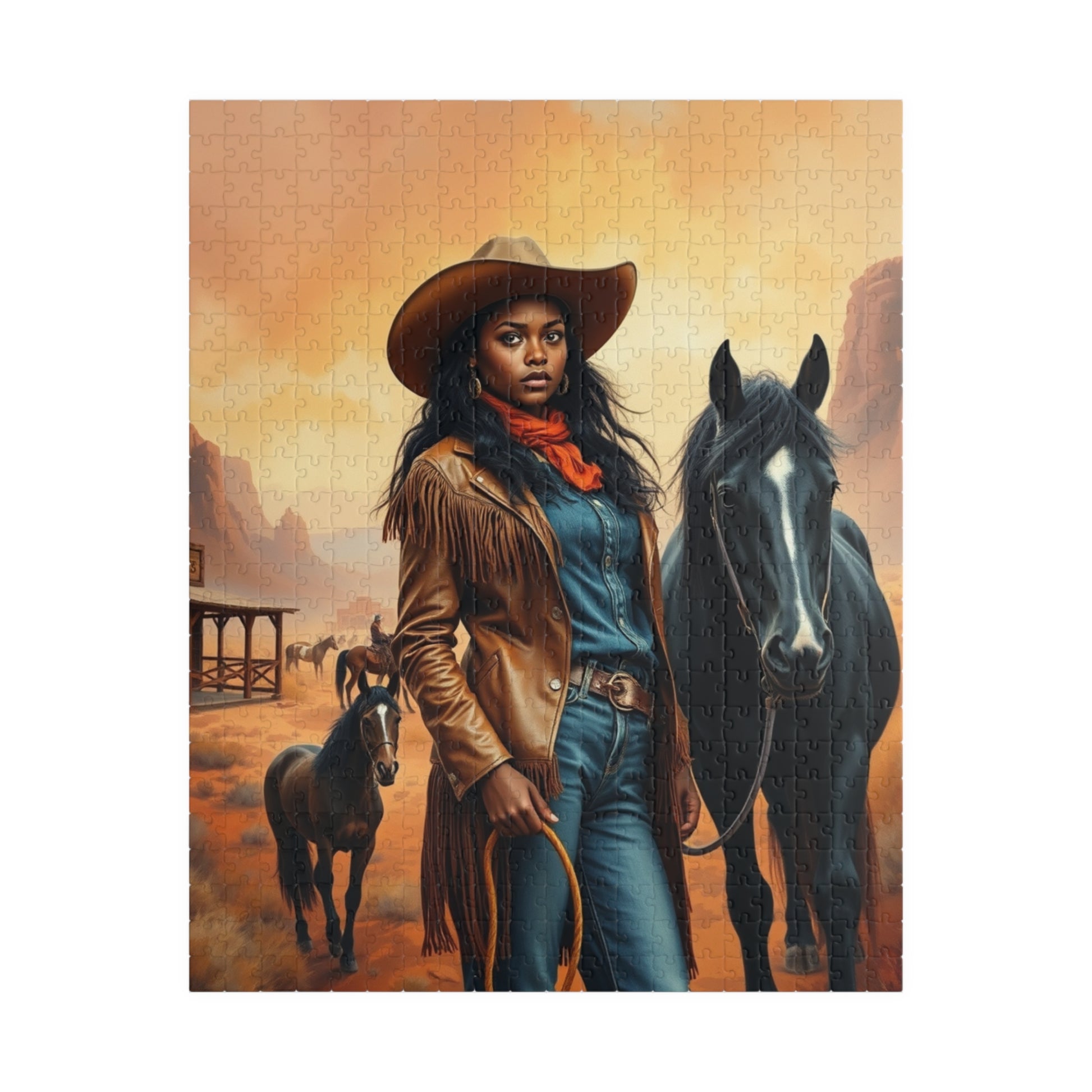Black Cowgirl Puzzle (110-1014 Piece), Western Landscape with Horse and Saloon Jigsaw Game, Wild West Frontier Desert Scene with Mustangs Puzzle The Puzzle Chest