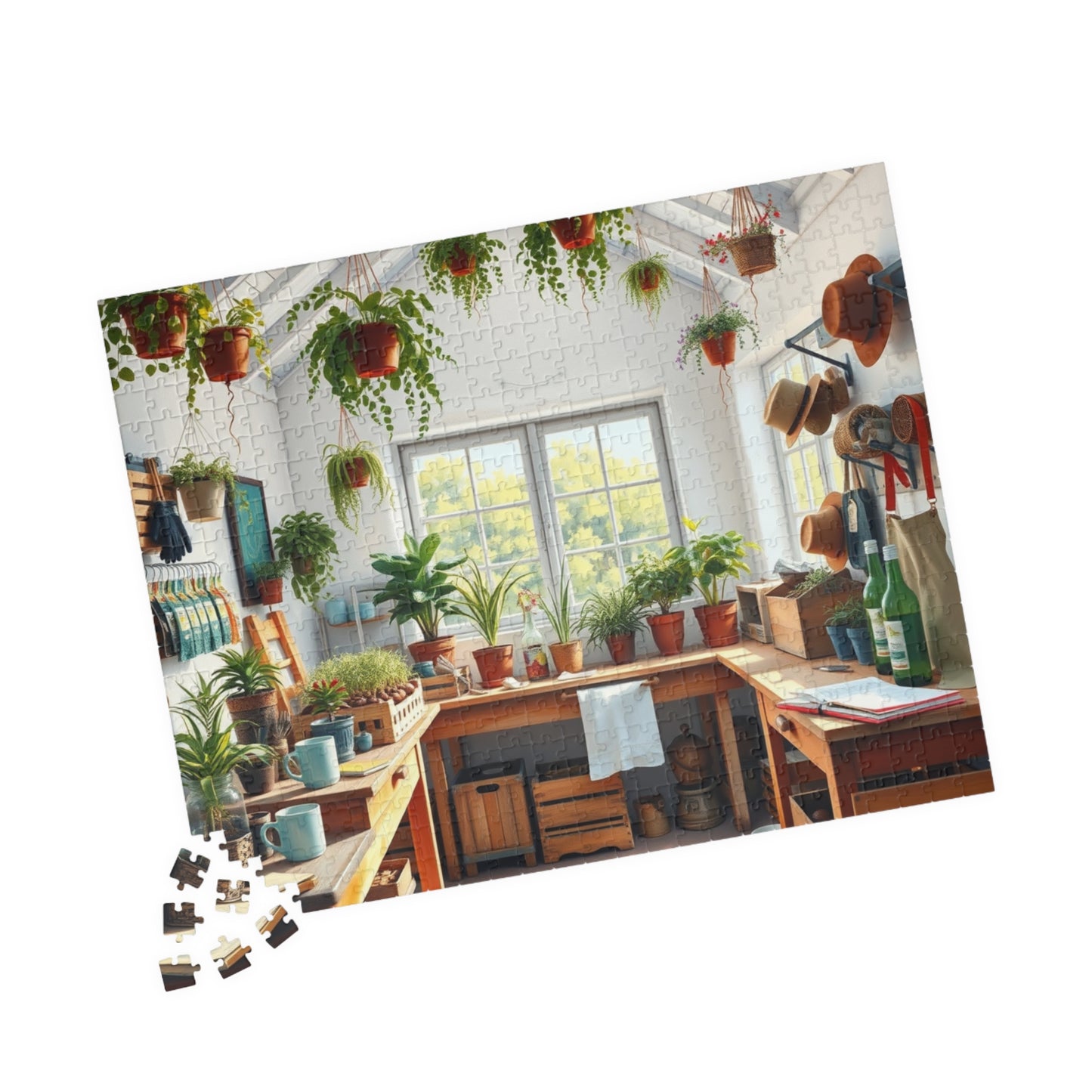 Bright Airy Garden Workshop Puzzle Featuring Wooden Crates, Hanging Plants and Whitewashed Walls, Gardening Lovers Jigsaw Game, Mindful Gift Puzzle The Puzzle Chest