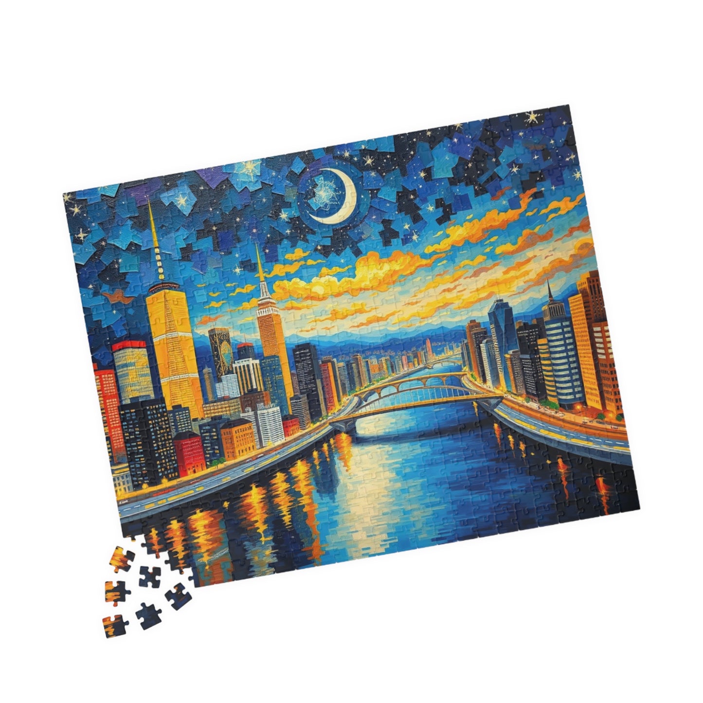 Vibrant City at Night Mosaic Puzzle, Illuminated Skyscraper View, Bustling Urban City Lights Nightscape Jigsaw Game, Fun Family Game Night Puzzle The Puzzle Chest