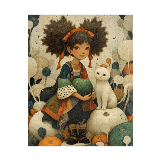 Black Girl and Kitten in a Watercolor Pumpkin Field Autumn Harvest Puzzle, Family Game Night, Group Activity, Cozy Indoor Fun, Fall Decor Puzzle The Puzzle Chest