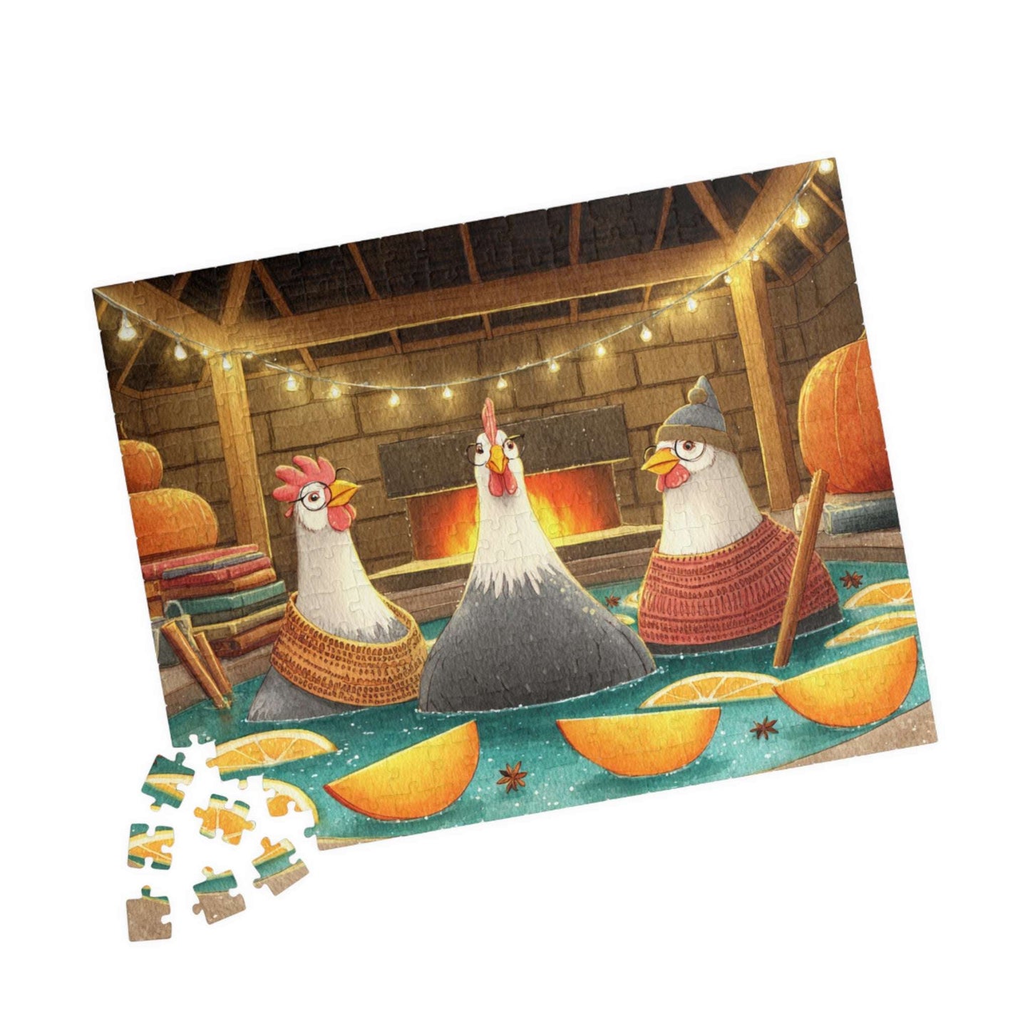 Pumpkin Spice Chicken Puzzle – Cozy Autumn Chickens in Spa Bath with Pumpkins & Cinnamon, Whimsical Fairy-Tale Jigsaw 252 pcs (Horizontal) Puzzle The Puzzle Chest