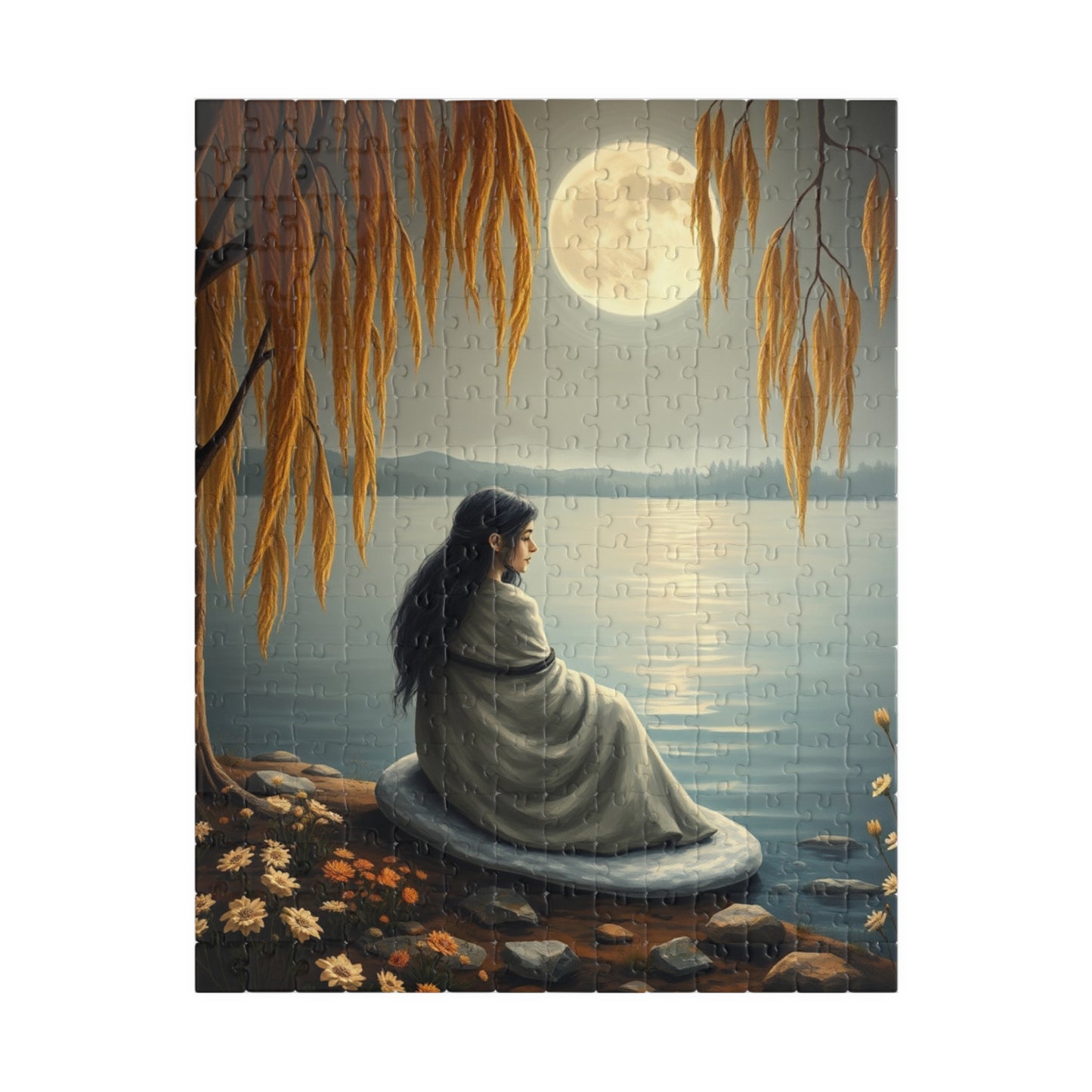 Mythical Jigsaw Puzzle, Moonlit Lake with Selkie, 110/252/520/1014-piece, Willow Trees, Flowers, Sealskin Cloak, Gift for Fantasy Lover 252 pcs (Vertical) Puzzle The Puzzle Chest