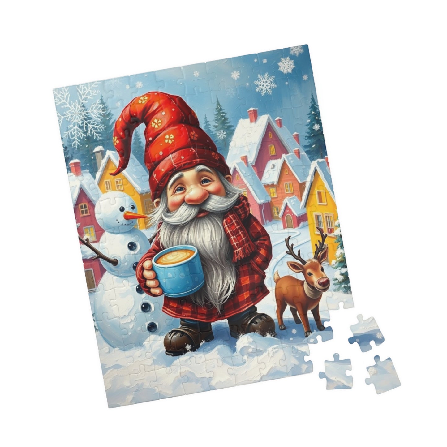 Charming Winter Gnome Puzzle, Reindeer Snowman and Hot Cocoa Holiday Fun, Snowy Village Scene Jigsaw Game, Puzzle Lover Gift, Mindfulness Puzzle The Puzzle Chest