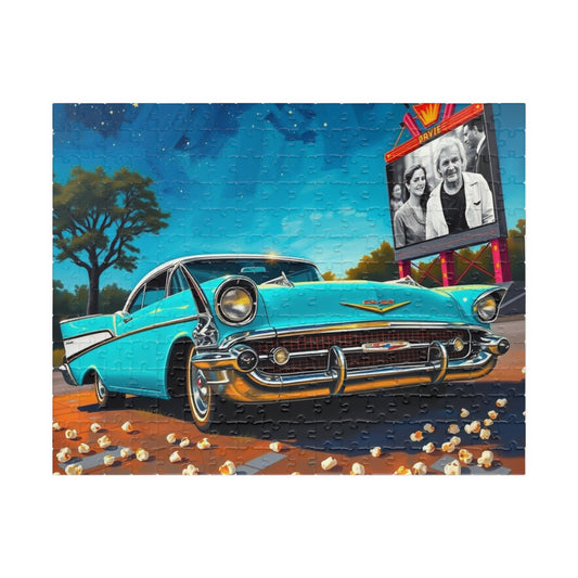 Nostalgic 1950s Car Puzzle, Turquoise Bel Air at Neon-Lit Drive-In, Classic American Car Enthusiast 252 pcs (Horizontal) Puzzle The Puzzle Chest