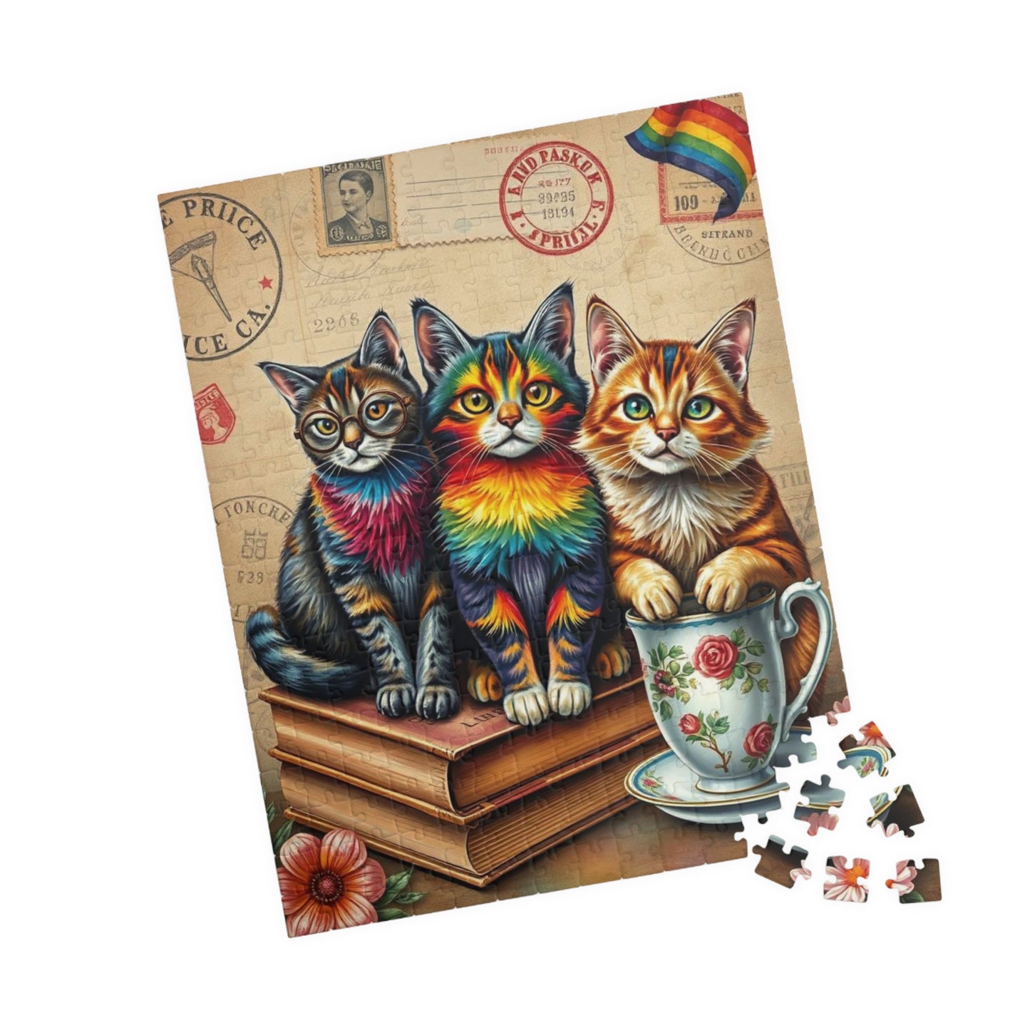 Postcards and Paws Jigsaw Puzzle, Pride Rainbow Cats Vintage Puzzle Art for Fun Family Activity, Cat Lover Gift, Cozy Night In, Brain Teaser Puzzle The Puzzle Chest