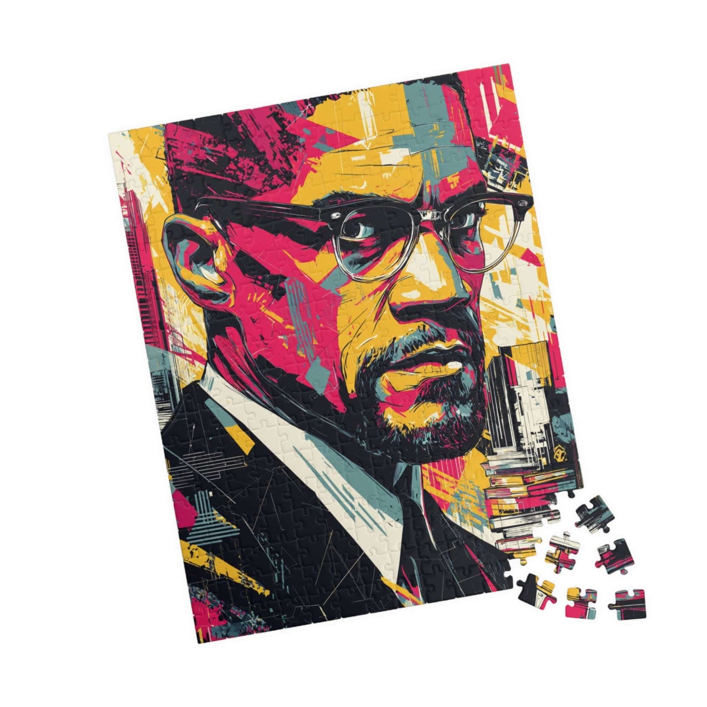 Malcolm X Civil Rights Leader Puzzle – Afrocentric Pop Art, Historical Black Man Art, Geometric Bold Colors, Educational African American Tribute Gift 252 pcs (Vertical) Puzzle The Puzzle Chest