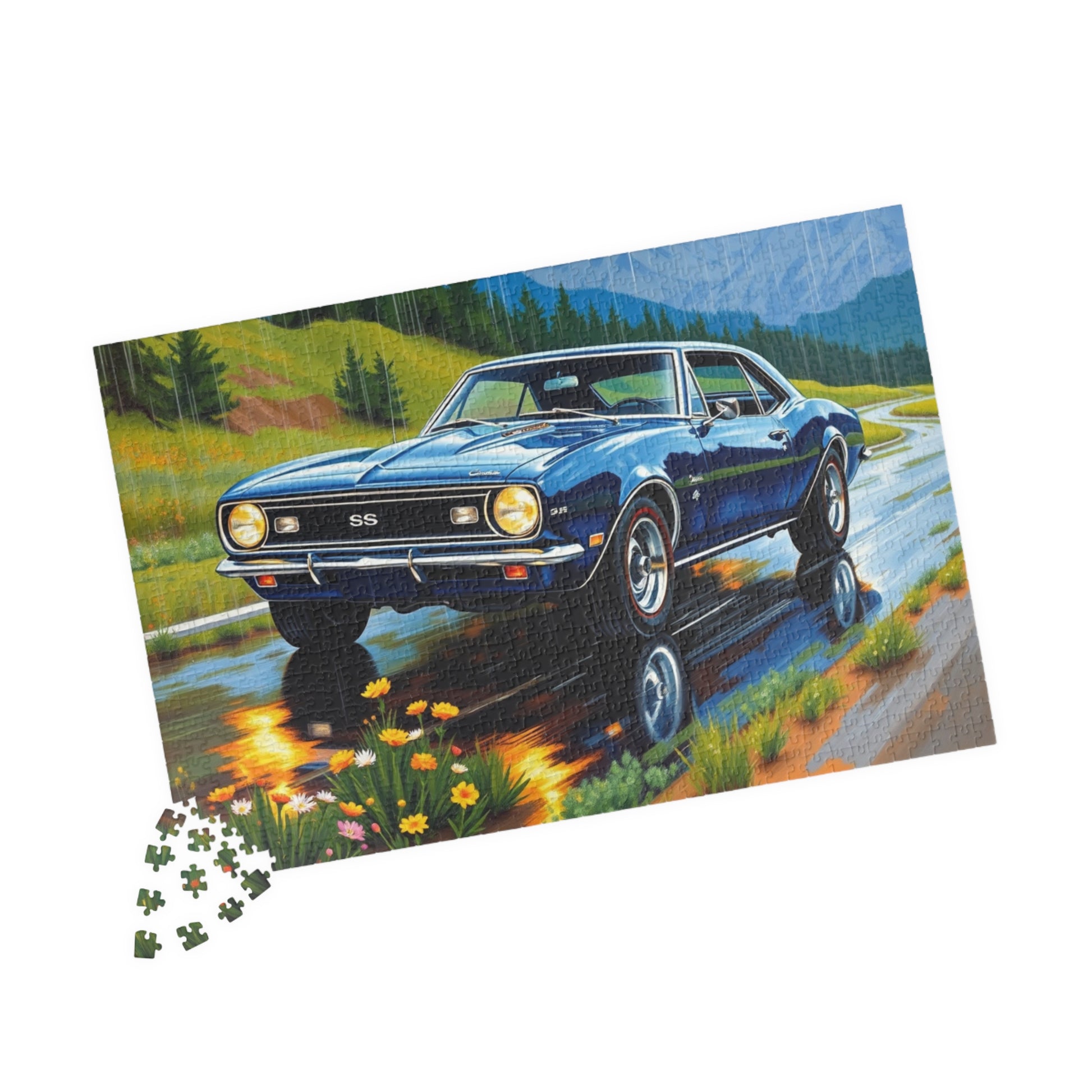 Vintage Muscle Car Jigsaw Puzzle, 1967 Camaro Classic Vehicle on Rainy Road Trip Scenic Art Puzzle The Puzzle Chest