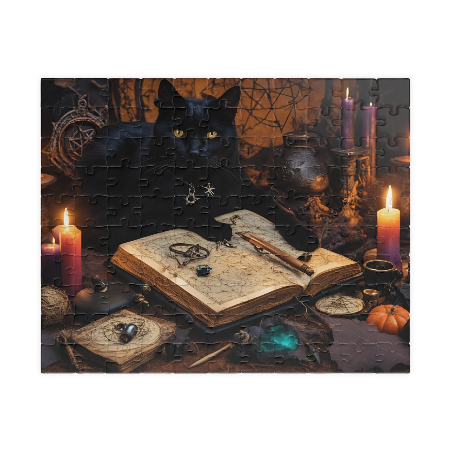Mystical Black Cat Puzzle, Witch's Familiar and Ancient Spellbook Jigsaw Game, Entertaining Hobby, Mindful Gift for Dark Art Puzzle Lover 110 pcs (Horizontal) Puzzle The Puzzle Chest