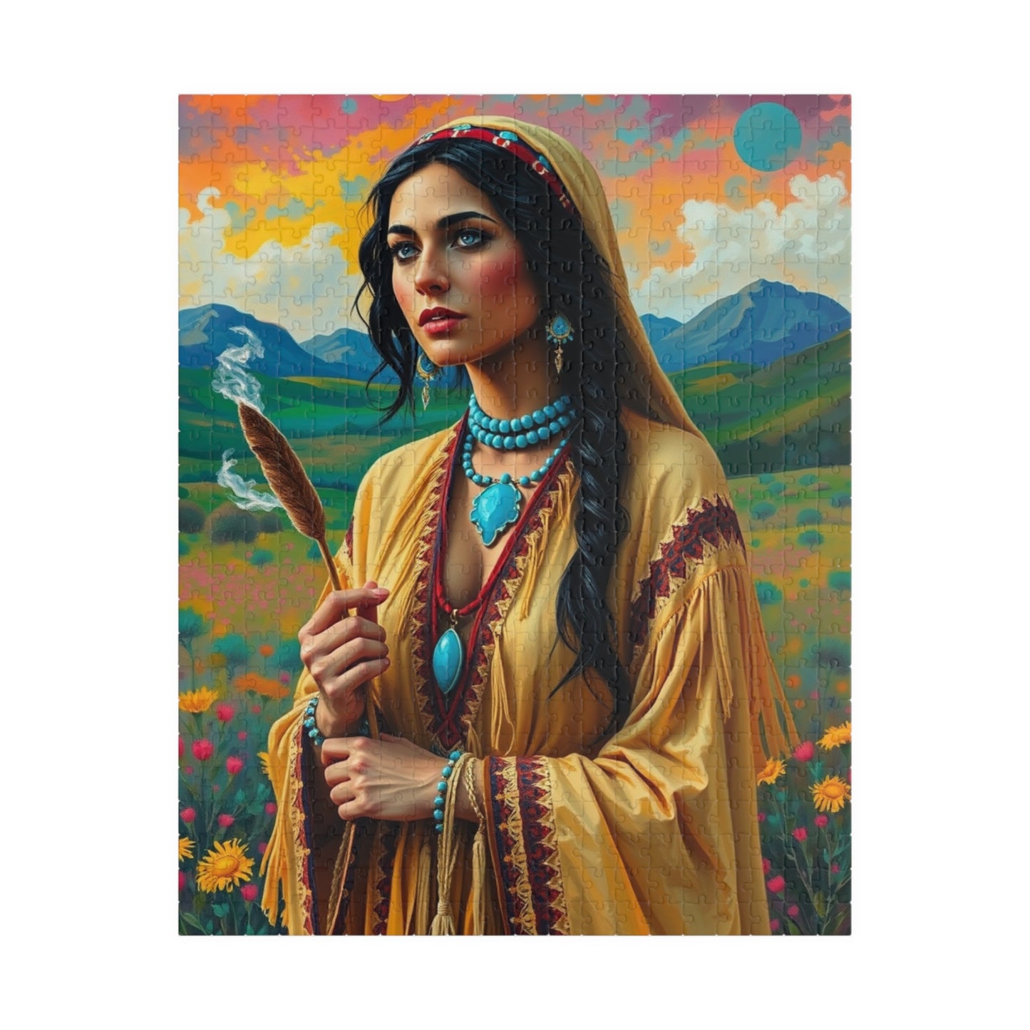 Spiritual Indigenous Bride Puzzle with Turquoise Jewelry and Smudge Stick, Colorful Landscape Wedding Jigsaw Game, Unique Puzzle Lover Gift 520 pcs (Vertical) Puzzle The Puzzle Chest
