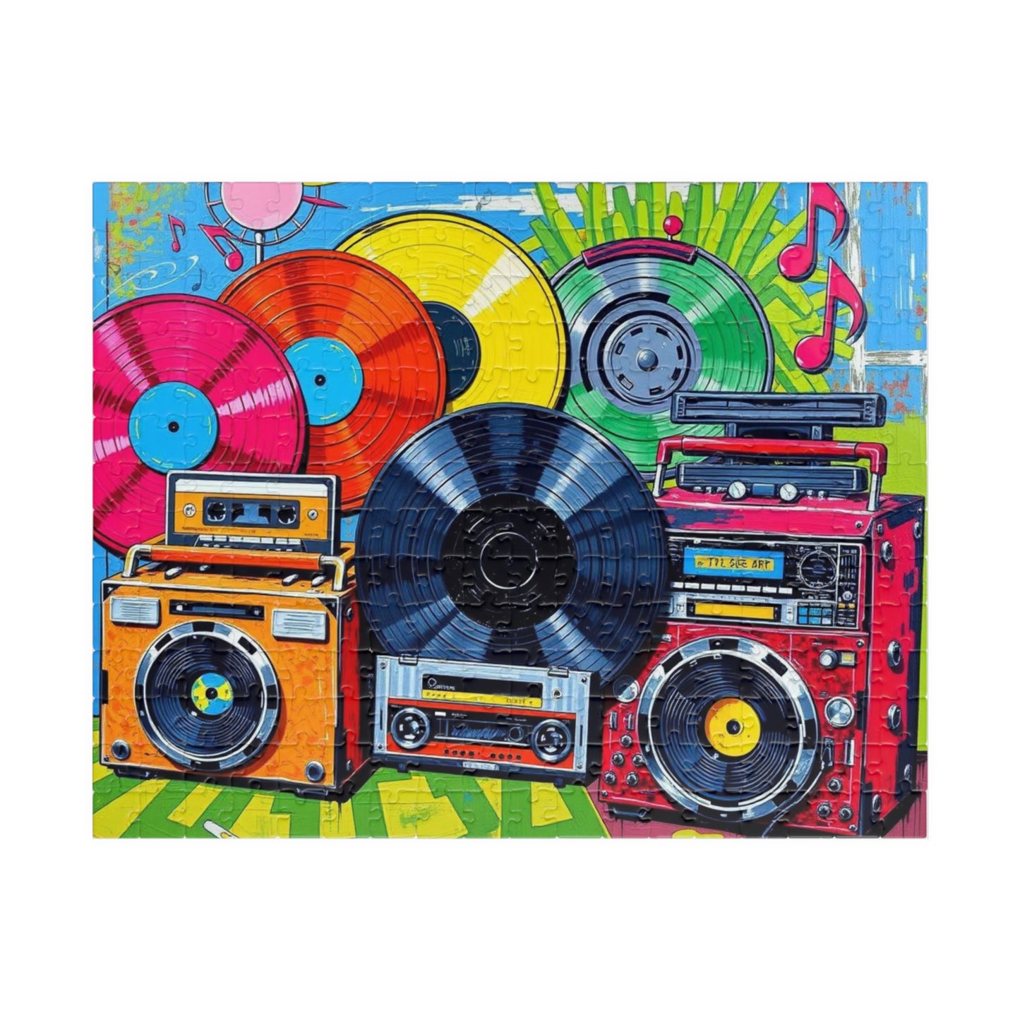 Retro Music Puzzle - Nostalgic Vinyls and Boomboxes Pop Art Jigsaw Game - Fun Family Activity, Gift for Music Lovers, Game Night 252 pcs (Horizontal) Puzzle The Puzzle Chest