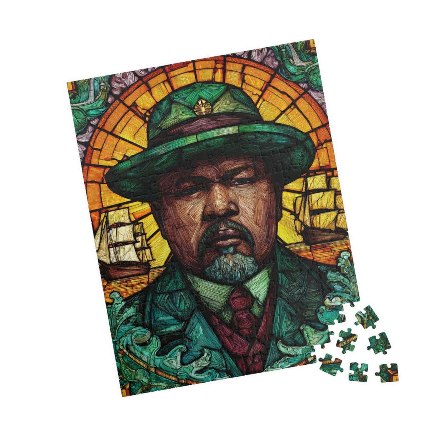 Marcus Garvey Jigsaw Puzzle – Afrocentric Stained Glass Art, Pan-African, Historical Black Leaders Puzzle, Sunburst & Ship Motif Illustration 252 pcs (Vertical) Puzzle The Puzzle Chest