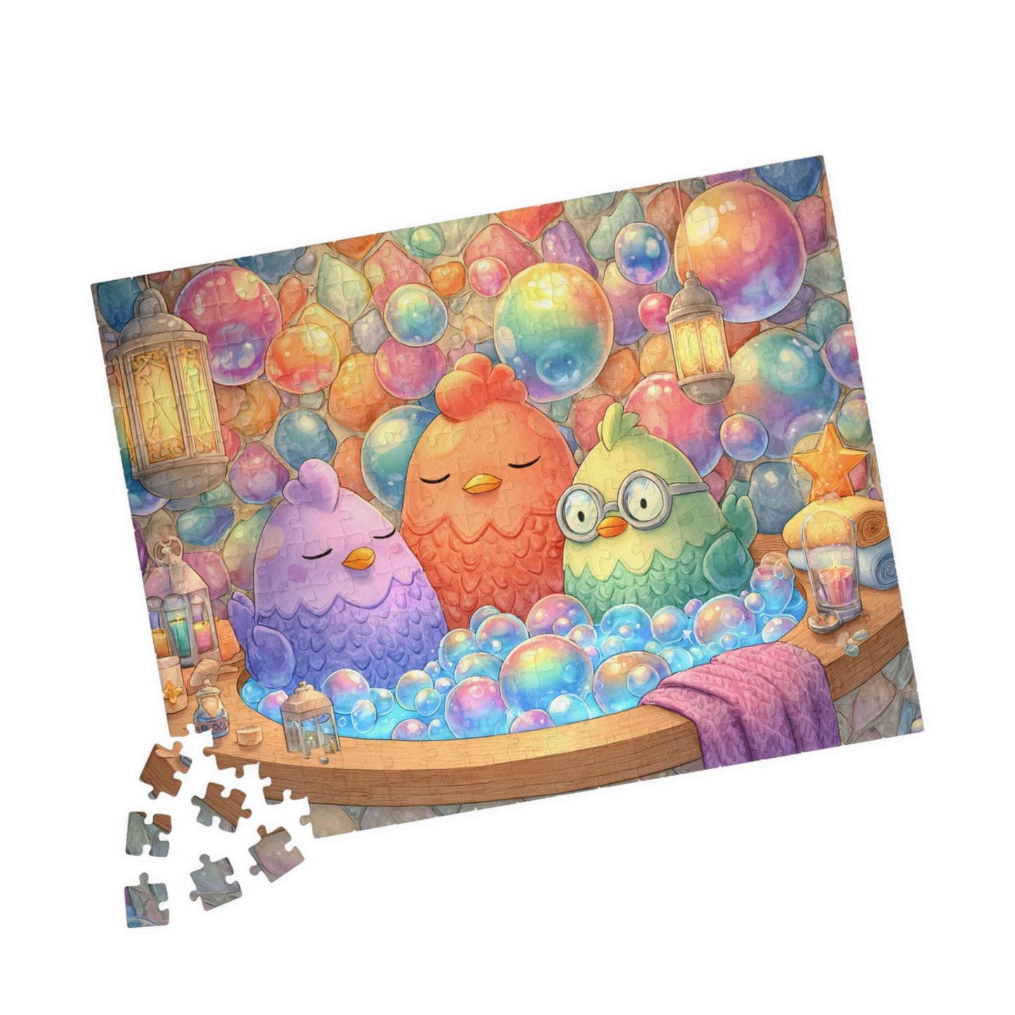Pastel Bubble Chicken Puzzle – Whimsical Chickens in Rainbow Bubble Bath, Fairy-Tale Farm Animal Jigsaw Puzzle 252 pcs (Horizontal) Puzzle The Puzzle Chest