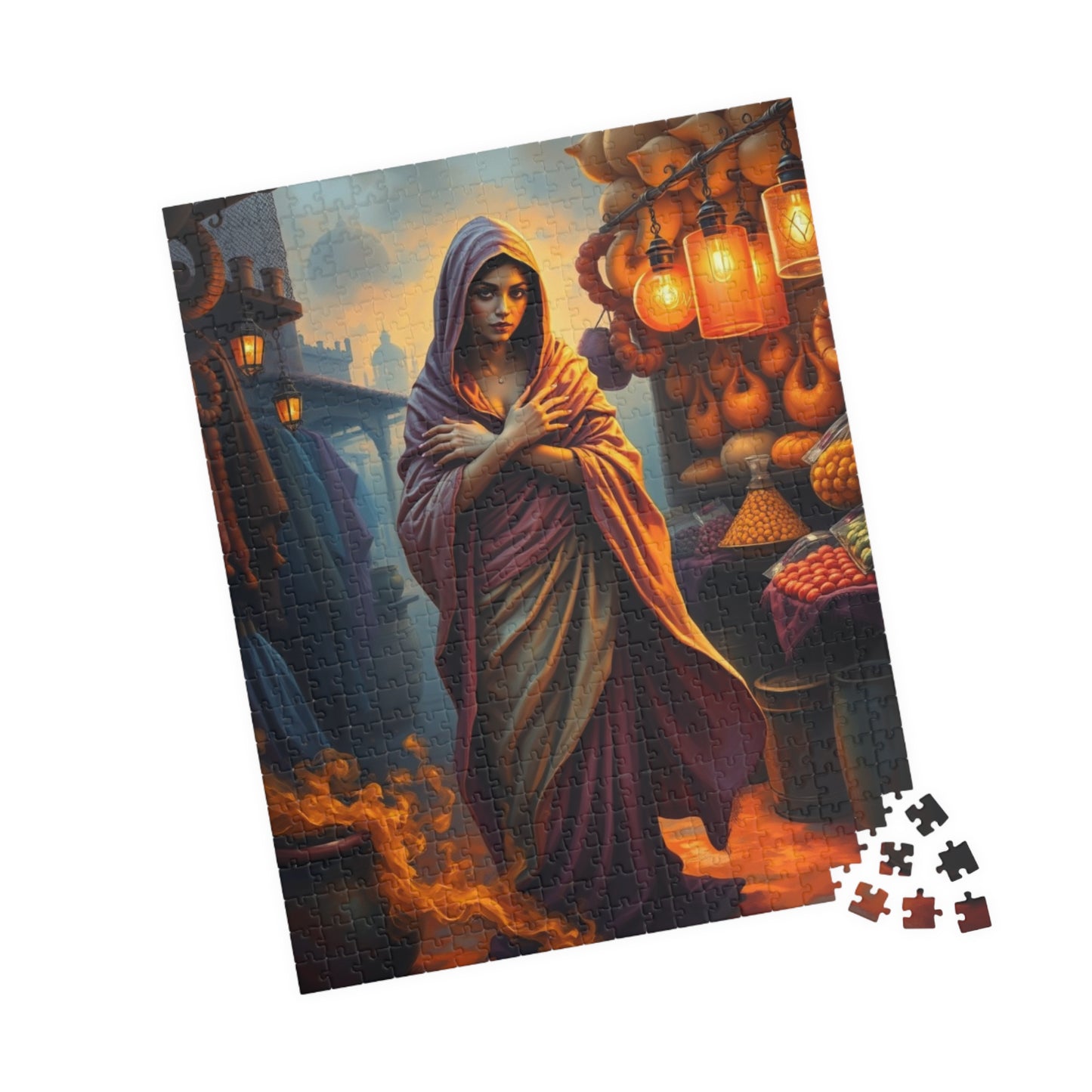 Enchanted Genie Puzzle, Market at Dusk Scene Mythical Jigsaw Game, 110 252 520 1014 Piece, Challenging Fantasy Art, Relaxing Mindful Gift
