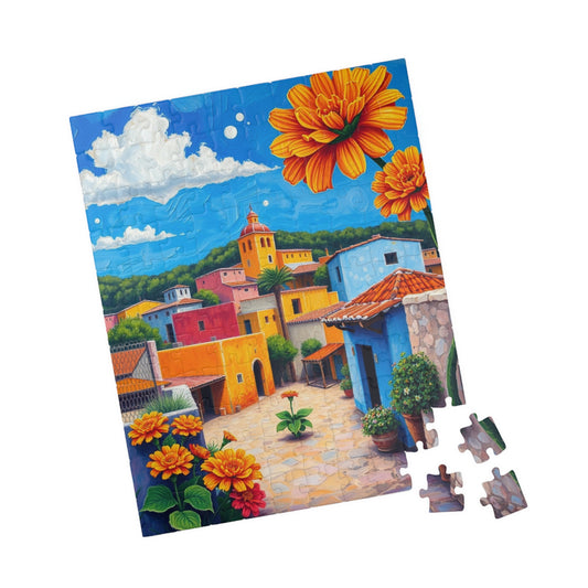 Mexican Village Jigsaw Puzzle - Colorful Houses Milagros Marigolds Blue Sky Puzzle The Puzzle Chest