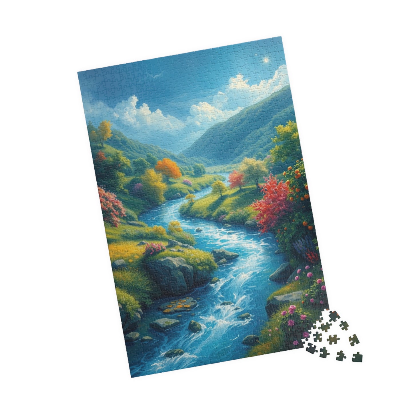 Mystical River Valley Jigsaw Puzzle, Fantasy Landscape with Vibrant Trees and Flowers, Ethereal Scene of Nature's Beauty and Tranquility Puzzle The Puzzle Chest