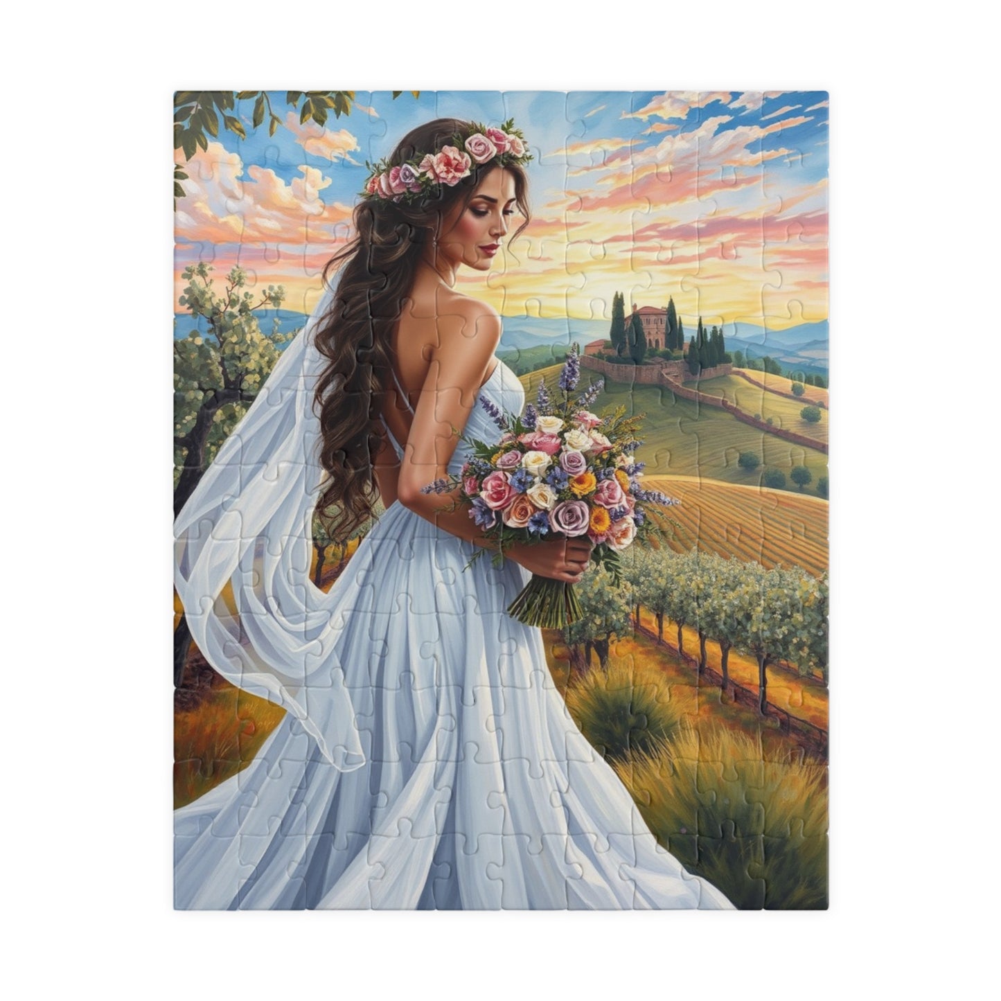 Elegant Italian Bride Jigsaw Puzzle, White Gown Floral Crown Wildflower Bouquet, Tuscan Vineyard Romantic Wedding, Puzzle Enthusiast Gift 110 pcs (Vertical) Puzzle The Puzzle Chest