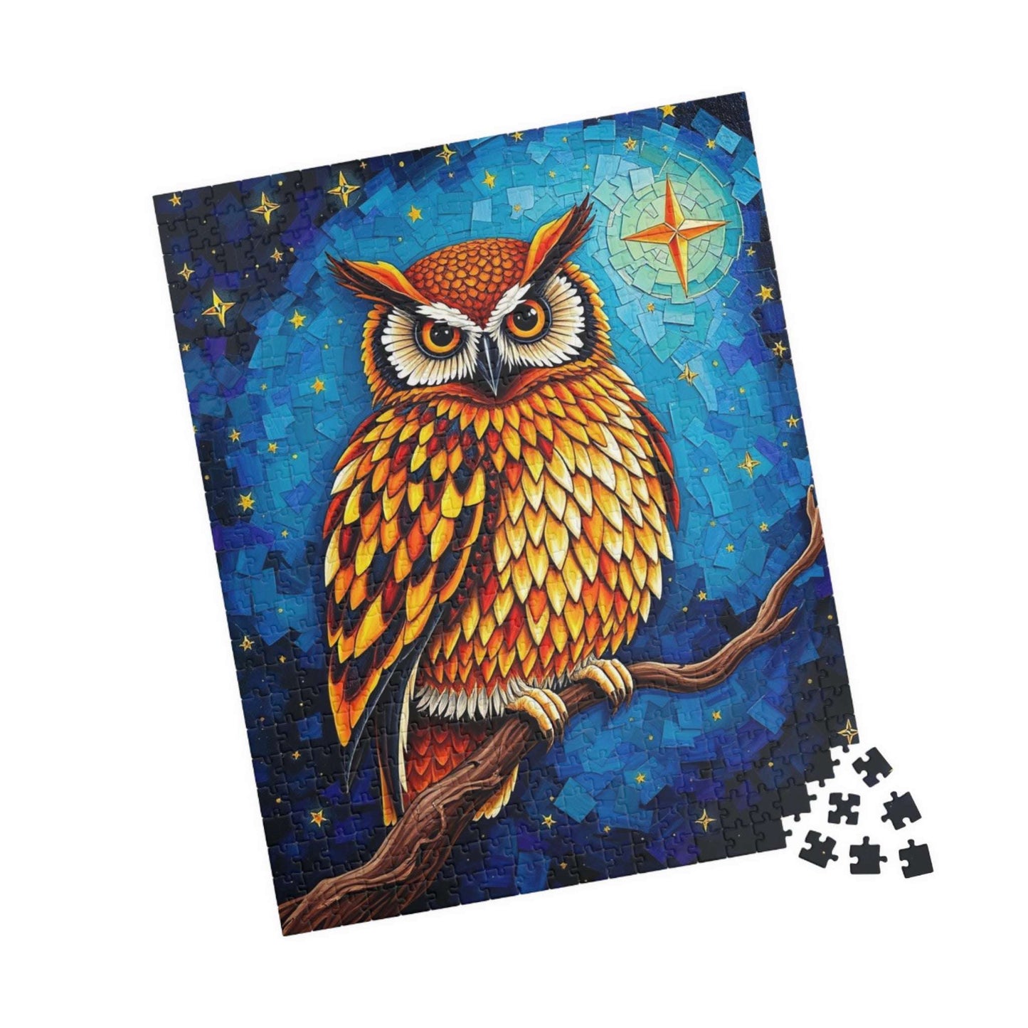 Mosaic Wise Owl Jigsaw Puzzle, Hooter Night Bird Perched on Tree Branch, Starry Sky Background, 110-1014 Piece, Animal Lover Gift, Mindful Puzzle The Puzzle Chest
