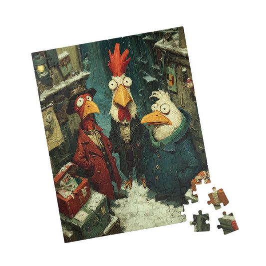 Quirky Gothic Roosters Jigsaw Puzzle - Victorian Chickens, Town Square and Snowy Whimsy 110 pcs (Vertical) Puzzle The Puzzle Chest
