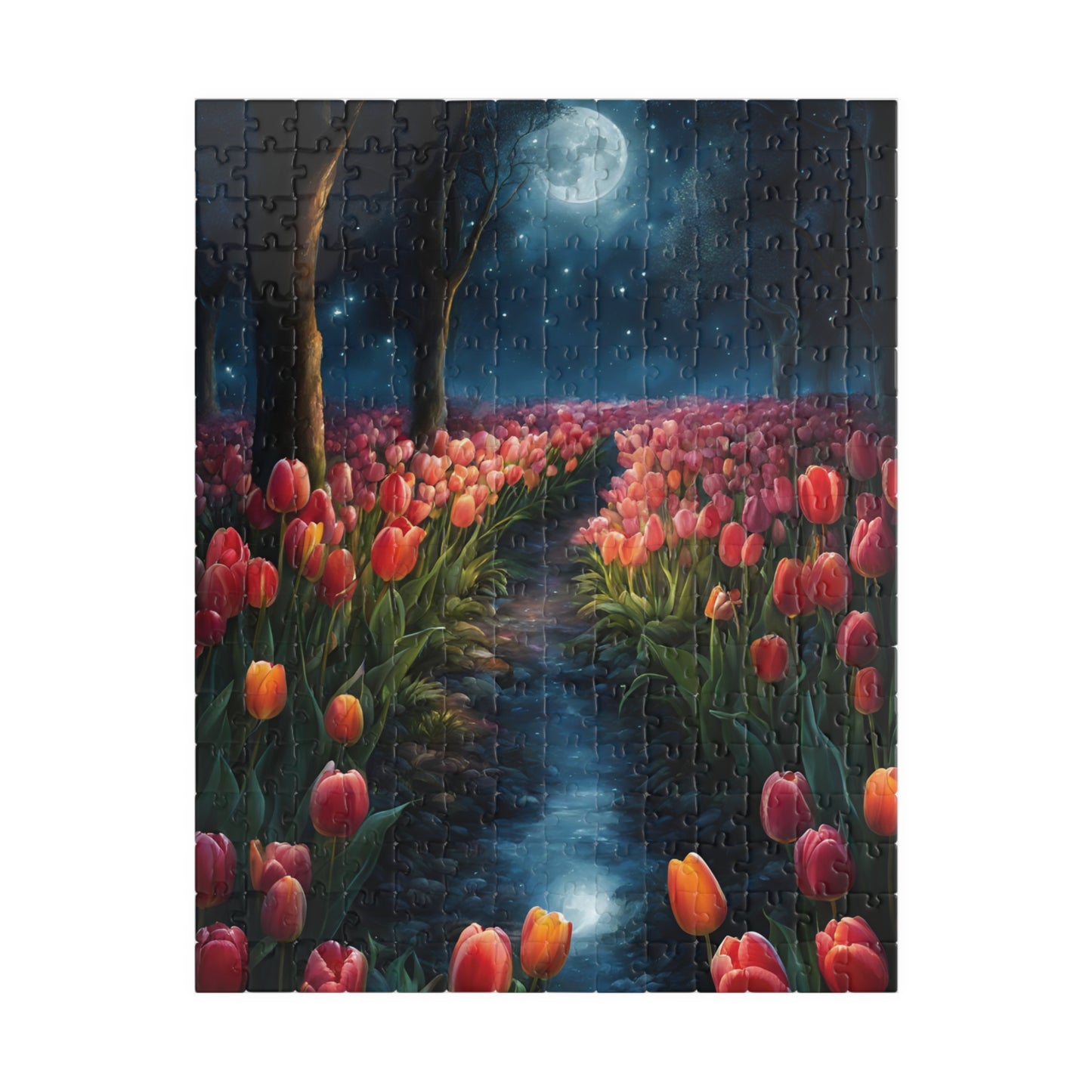 Magical Nighttime Tulip Puzzle, Peaceful Floral Scene Under the Moon, Glowing Flowers and Tranquil River Jigsaw Game, Gift for Nature Lover 252 pcs (Vertical) Puzzle The Puzzle Chest