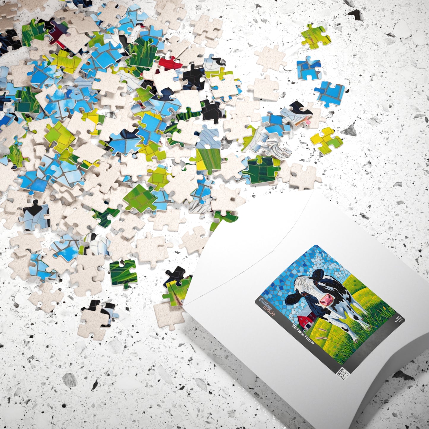 Mosaic Art Cow Jigsaw Puzzle, Peaceful Rural Landscape, Black and White Cow in a Farm Pasture with Red Barn and Blue-Sky Tabletop Game, Gift Puzzle The Puzzle Chest