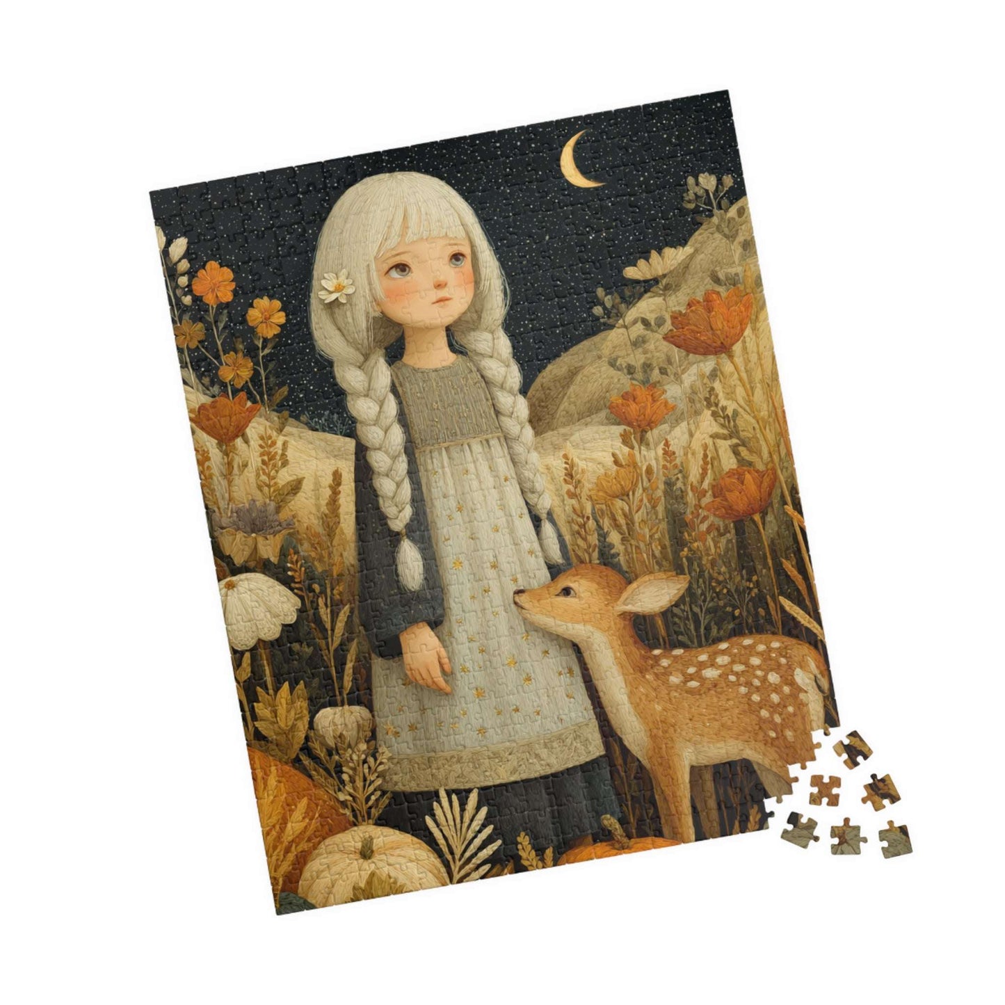 Starlit Meadow Jigsaw Puzzle – Whimsical Autumn Puzzle for Adults, Girl with Fawn Under Starry Sky 520 pcs (Vertical) Puzzle The Puzzle Chest