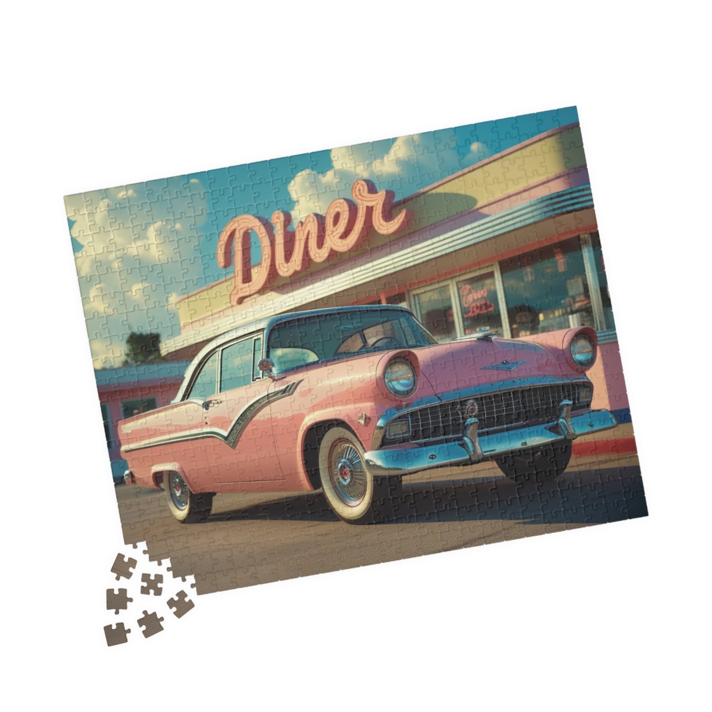 Vintage Auto Jigsaw Puzzle, 1955 Crown Victoria Retro Diner Scene, Nostalgic Auto Art Puzzle The Puzzle Chest