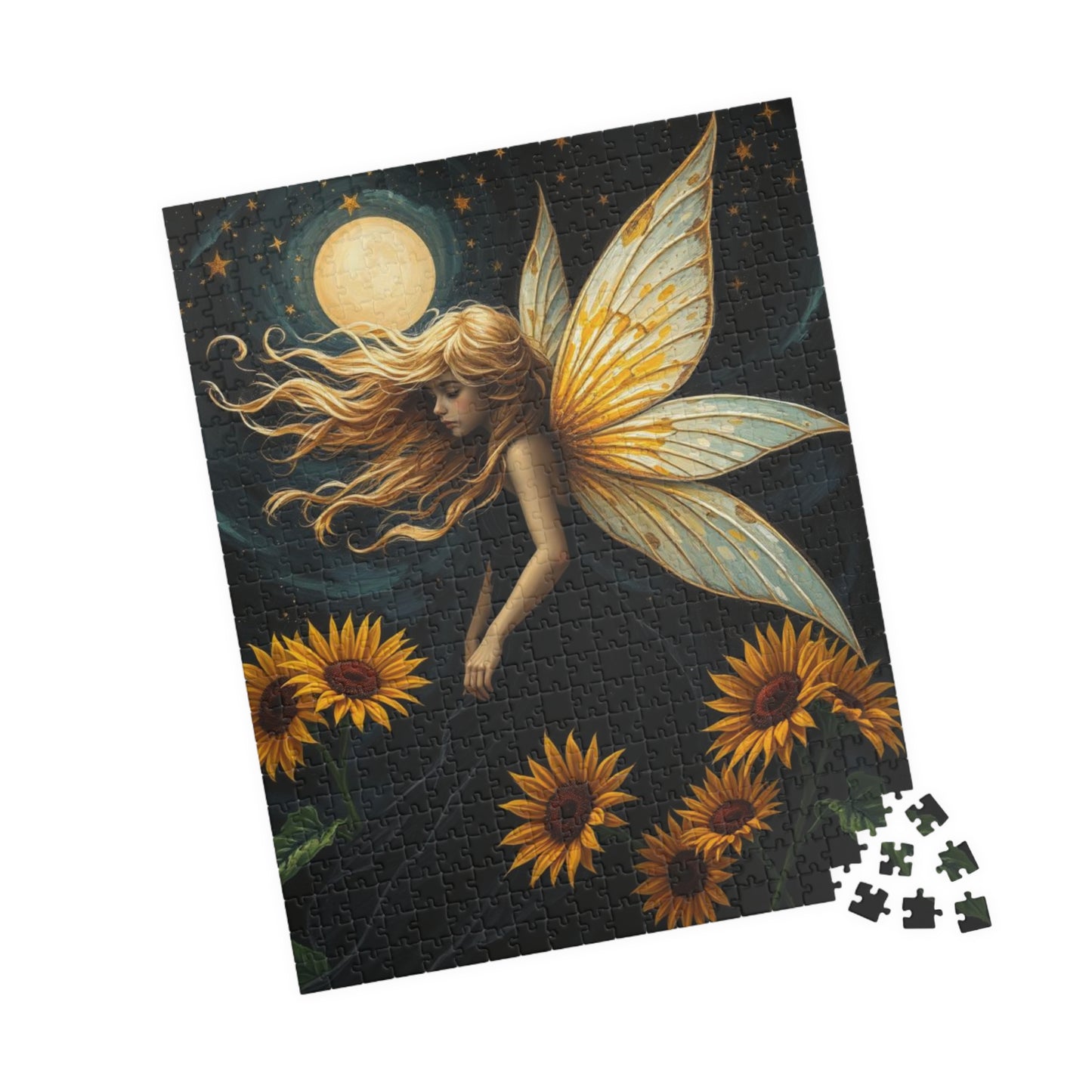 Moonlit Fairy in Sunflower Sky - Ethereal Fantasy Art Jigsaw Puzzle for Solo Fun, Unique Puzzle Lover Gift, Home Decor, Family Activity