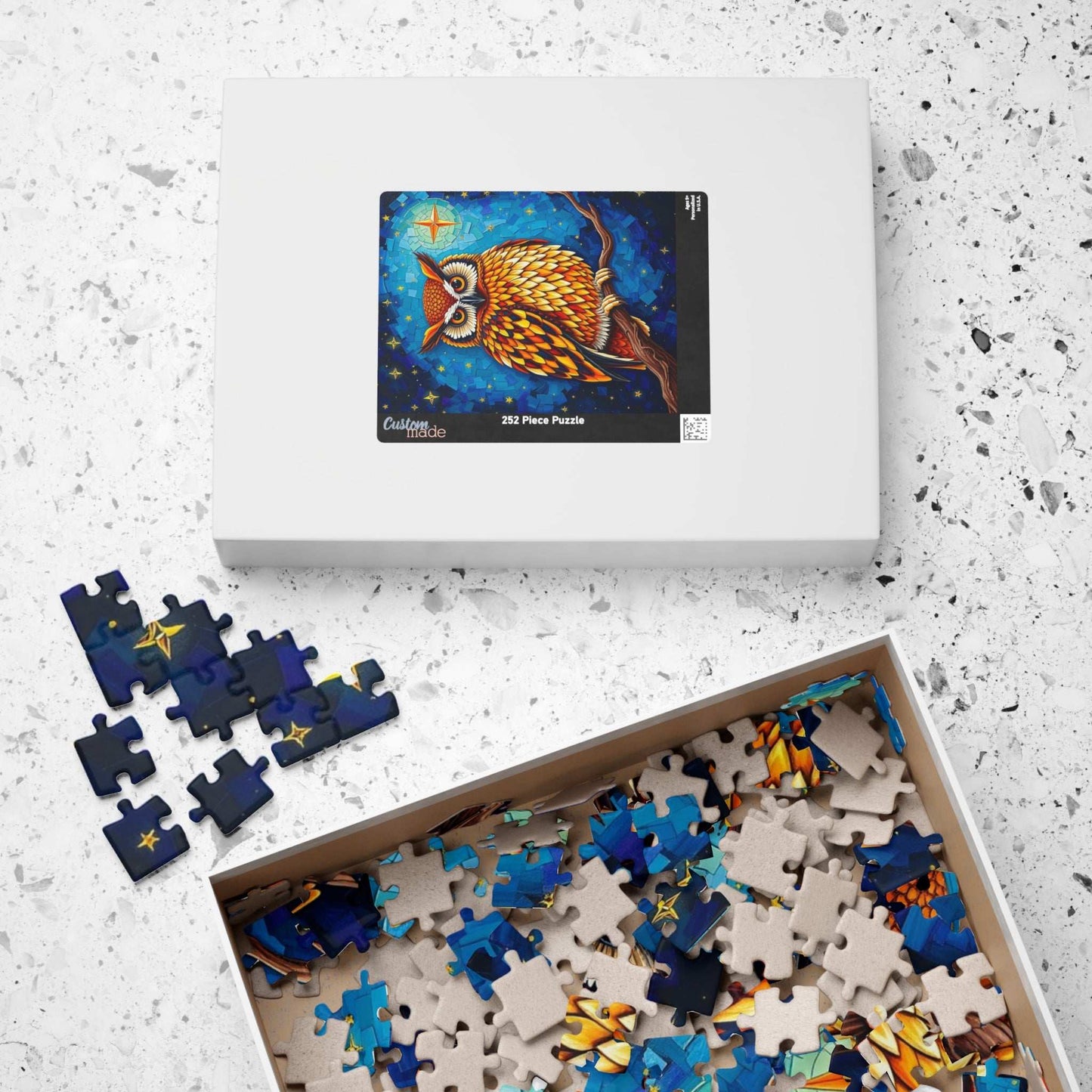 Mosaic Wise Owl Jigsaw Puzzle, Hooter Night Bird Perched on Tree Branch, Starry Sky Background, 110-1014 Piece, Animal Lover Gift, Mindful Puzzle The Puzzle Chest
