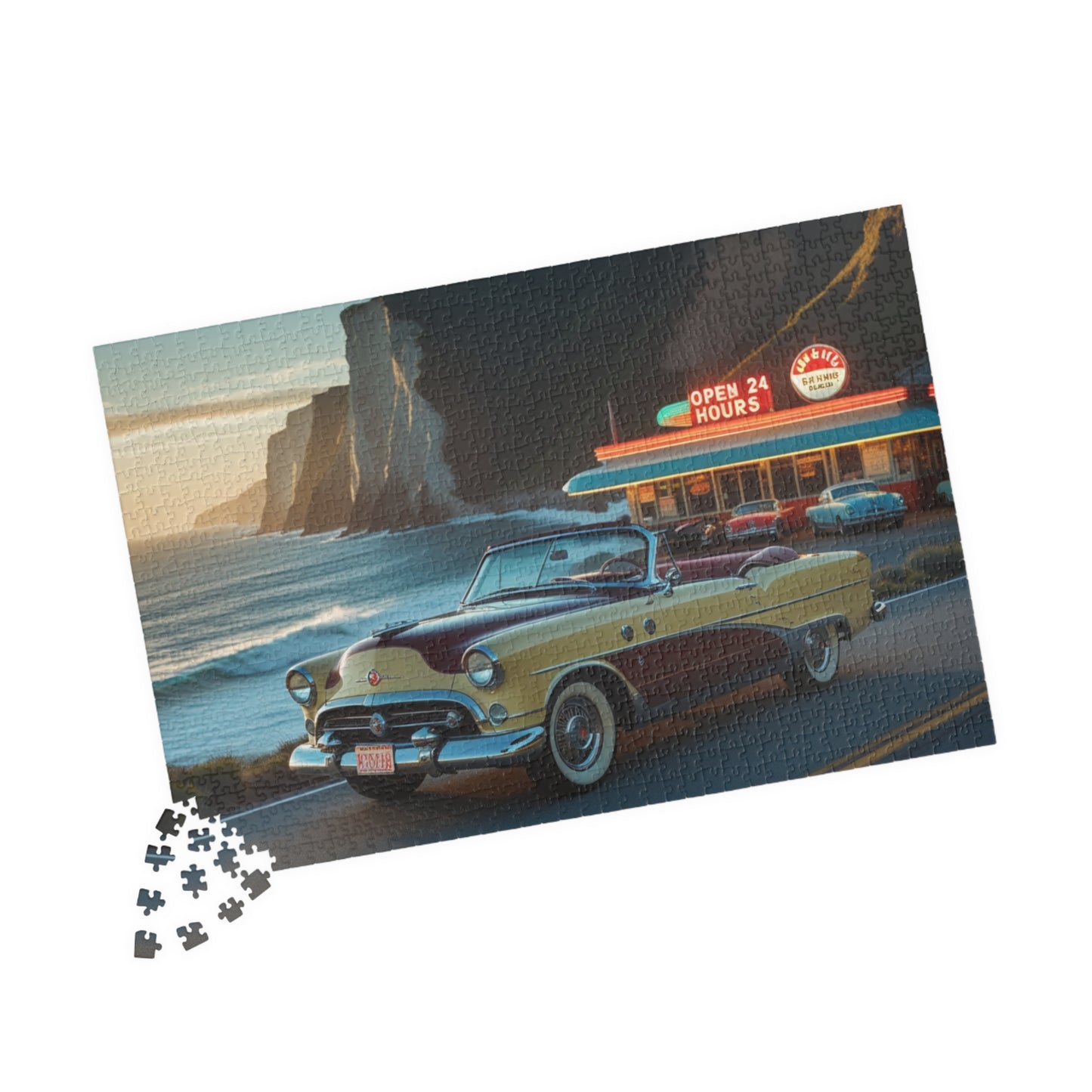 Retro Car Puzzle - Classic 1954 98 Starfire Convertible, Vintage Coastal Scene, Family Game Night, Best Gift for Retro Car Lover Puzzle The Puzzle Chest
