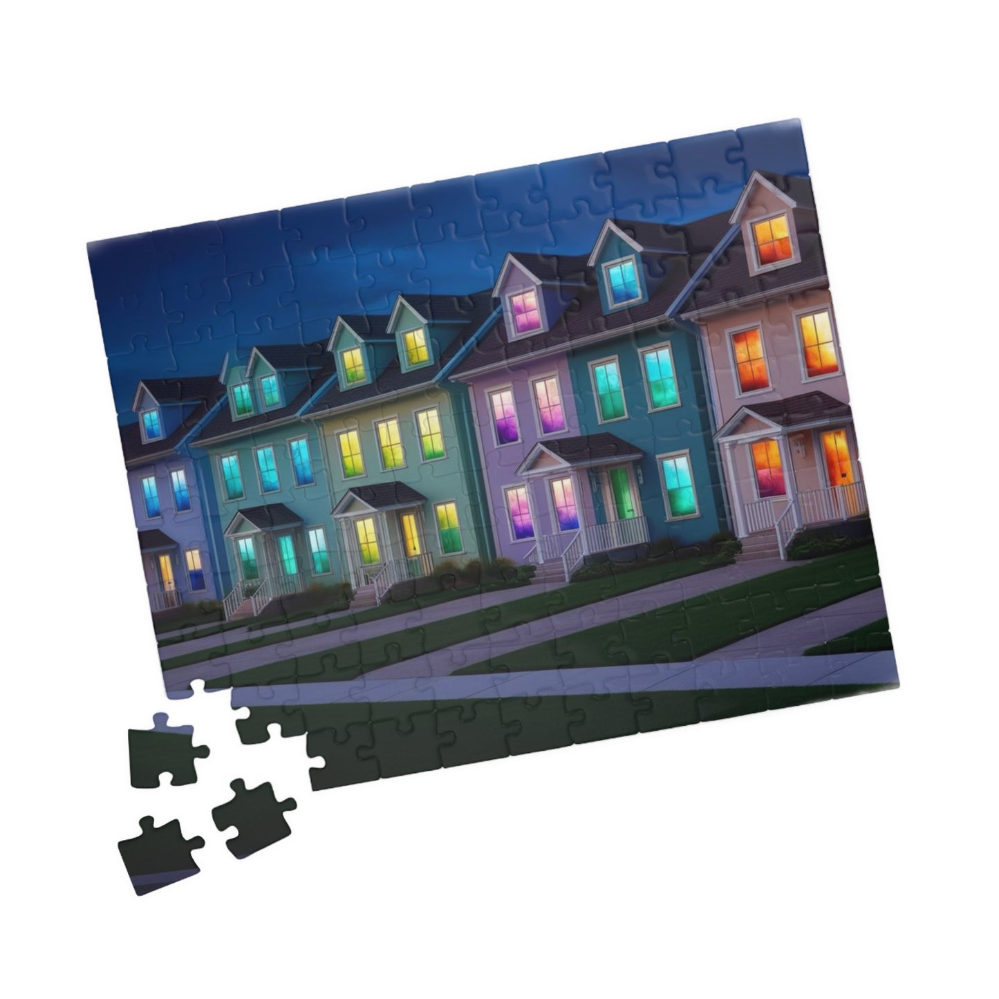 Jigsaw Puzzle, Fantasy Weirdcore Surreal Suburban Neighborhood with Glowing Windows, 110 252 520 1014-piece, Home Decor Game Activity Gift, Puzzle The Puzzle Chest