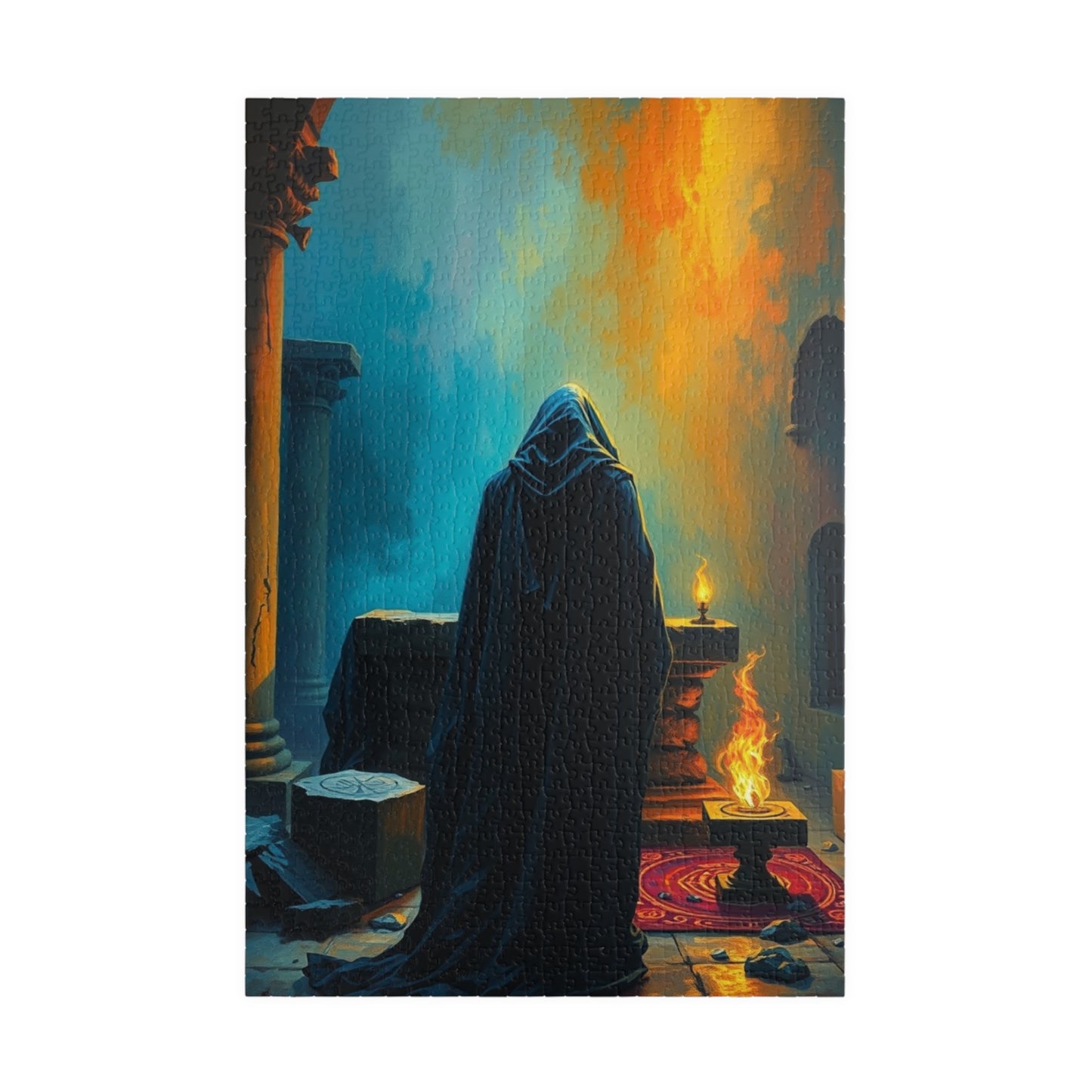 Gothic Jigsaw Puzzle, Dark Shadowy Cloaked Figure Altar Ruined Temple Torchlight Theme, 110 252 520 1014-piece, Wall Art Decor, Lore Gift 1014 pcs (Vertical) Puzzle The Puzzle Chest