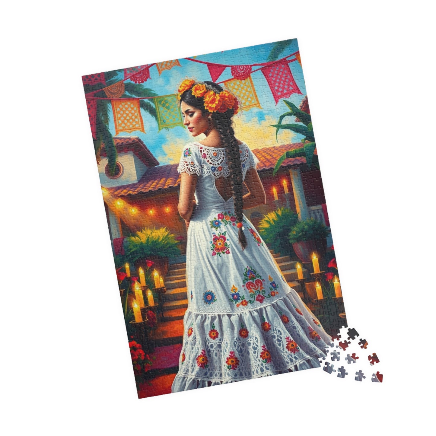 Mexican Bride Jigsaw Puzzle (110-1014 Piece), Lace Gown, Otomi Flowers, Hacienda Candles, Wedding Dress Design, Cultural Artwork Folklore Puzzle The Puzzle Chest