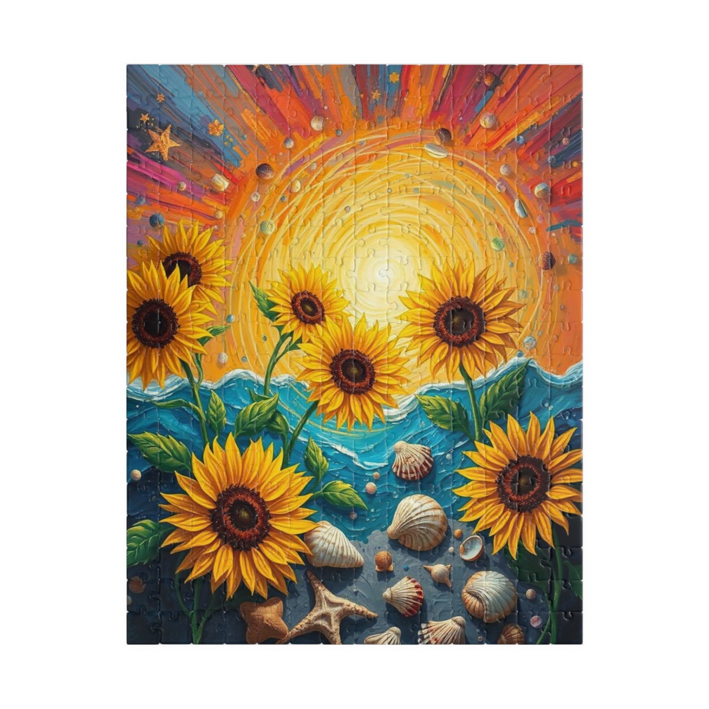 Sunflower and Seashell Jigsaw Puzzle, Colorful Sunset Beach Puzzle for Adults, Fun Indoor Activity, Puzzle Gift for Friends, Family Night 252 pcs (Vertical) Puzzle The Puzzle Chest