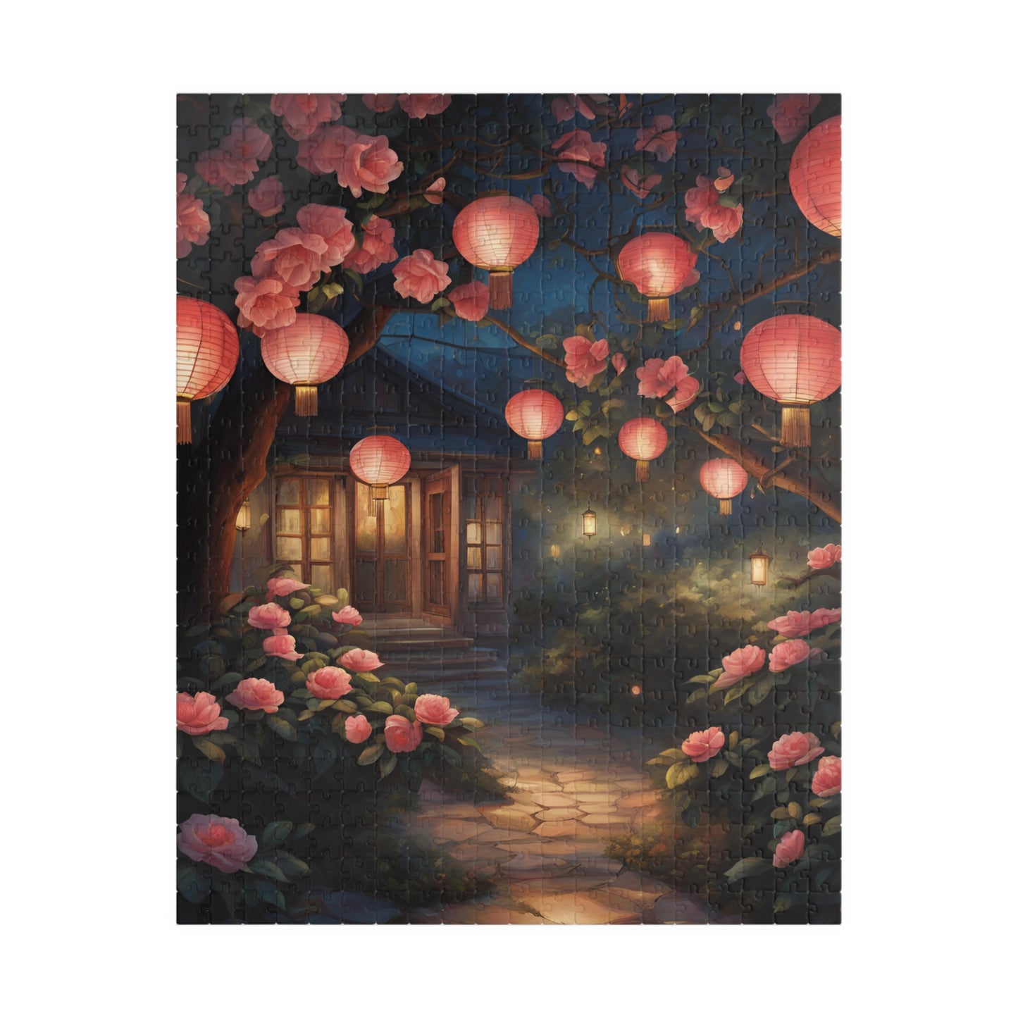 Cottage Landscape Jigsaw Puzzle, Nature-Inspired Floral Flower Design, Nighttime Lanterns and Camellias, Relaxing Hobby, Family Game Night 520 pcs (Vertical) Puzzle The Puzzle Chest