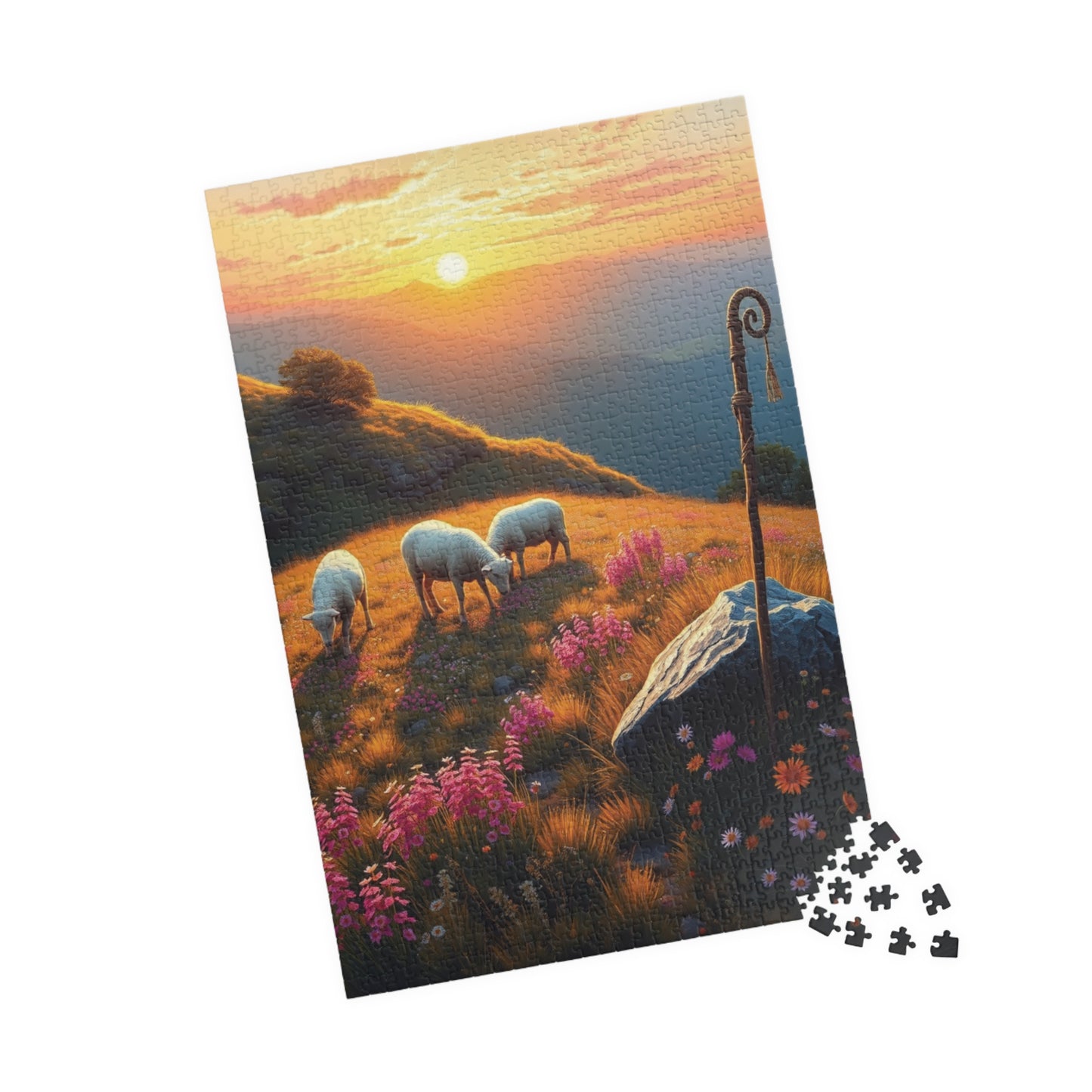 Peaceful Pastoral Sunset Puzzle, Religious Themed Jigsaw Game, Nature-Inspired Serene Landscape with Sheep Grazing on a Wildflower Hill Puzzle The Puzzle Chest