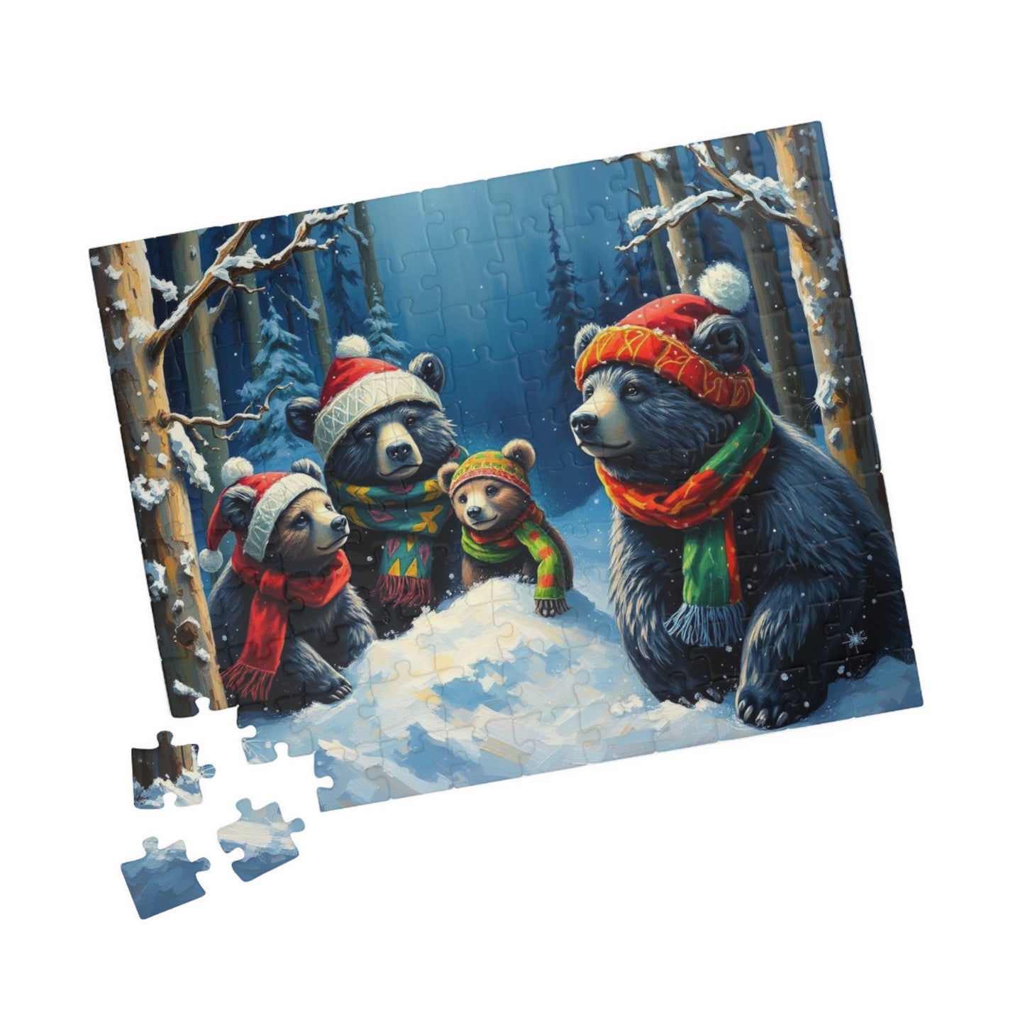 Christmas Bear Family Jigsaw Puzzle - 110, 252, 520, 1014 Pieces, Gift for Winter Nights, Family Games, Holiday Traditions, Home Decor