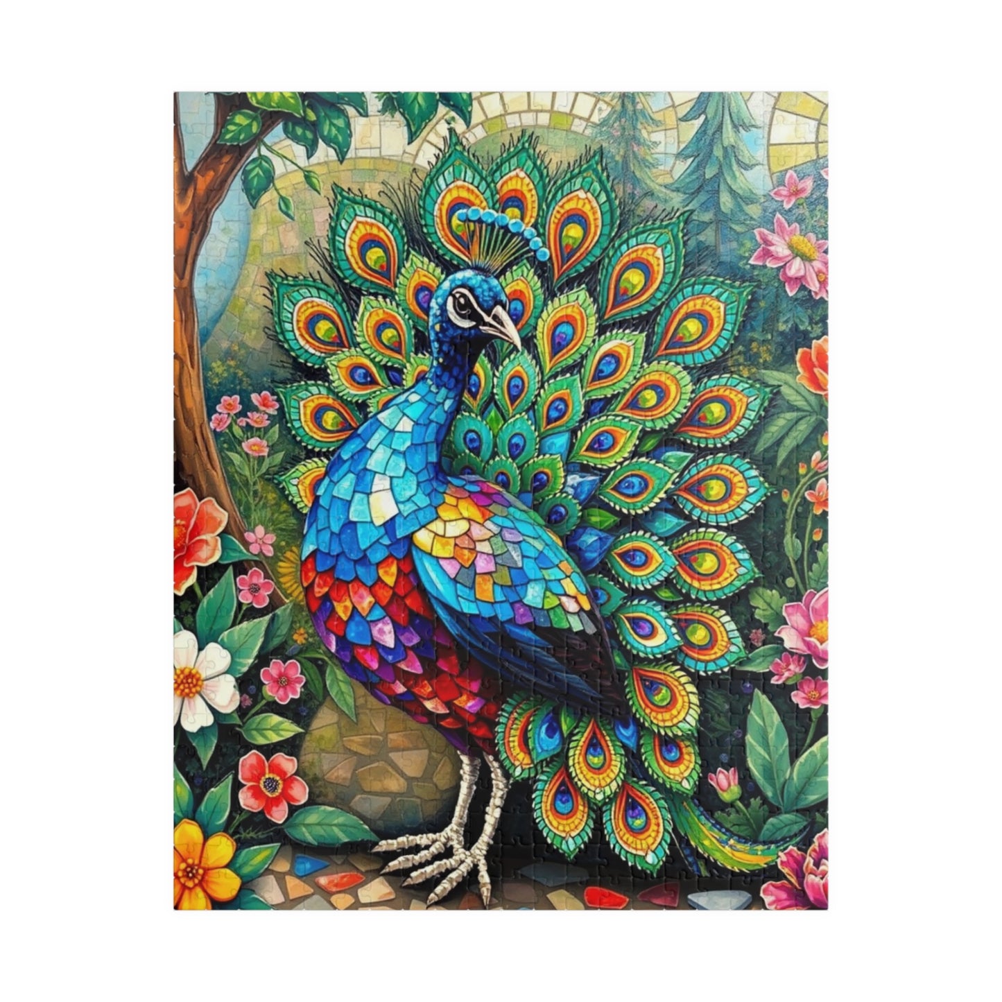 Mosaic Peacock Puzzle, Beautiful Fan-Tailed Bird in a Jewel-Toned Mosaic Art Garden Scene for Adults Teens, Gift for Animal Lover, Mindful 520 pcs (Vertical) Puzzle The Puzzle Chest