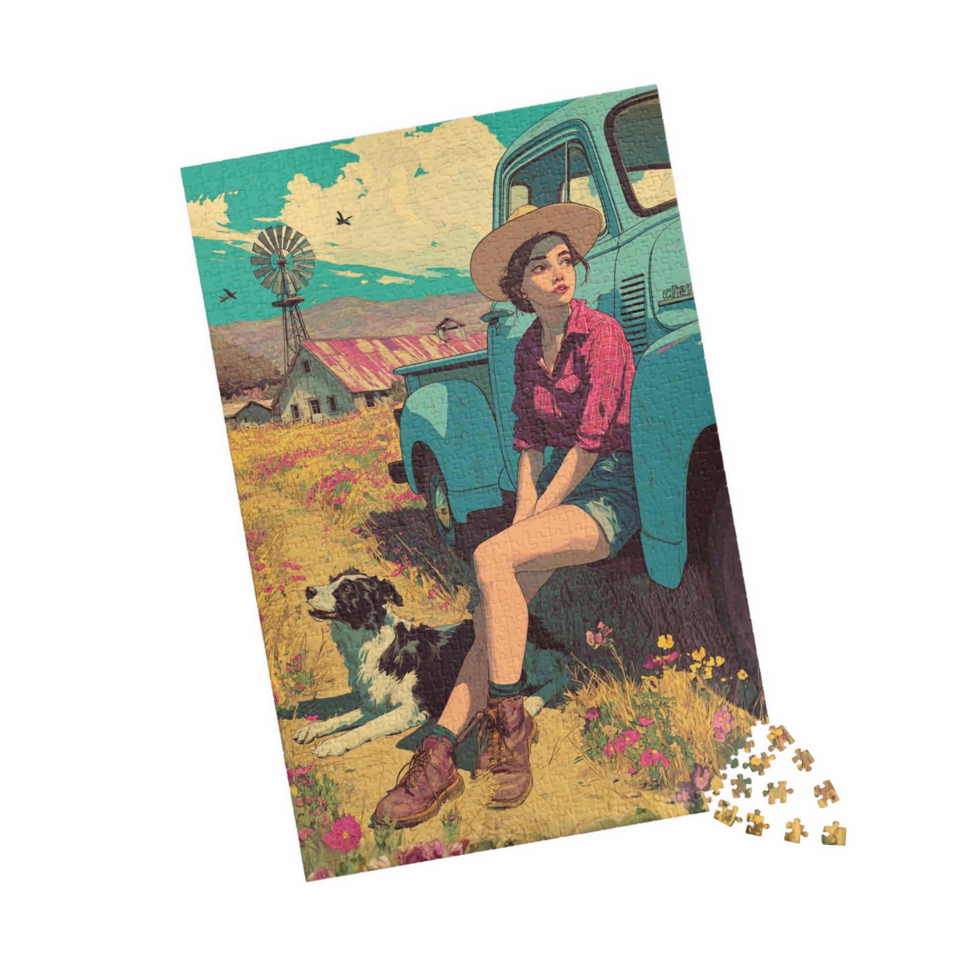Vintage Farm Life Jigsaw Puzzle – 1950s Girl and Border Collie by Classic Truck, Retro Countryside 1014 pcs (Vertical) Puzzle The Puzzle Chest