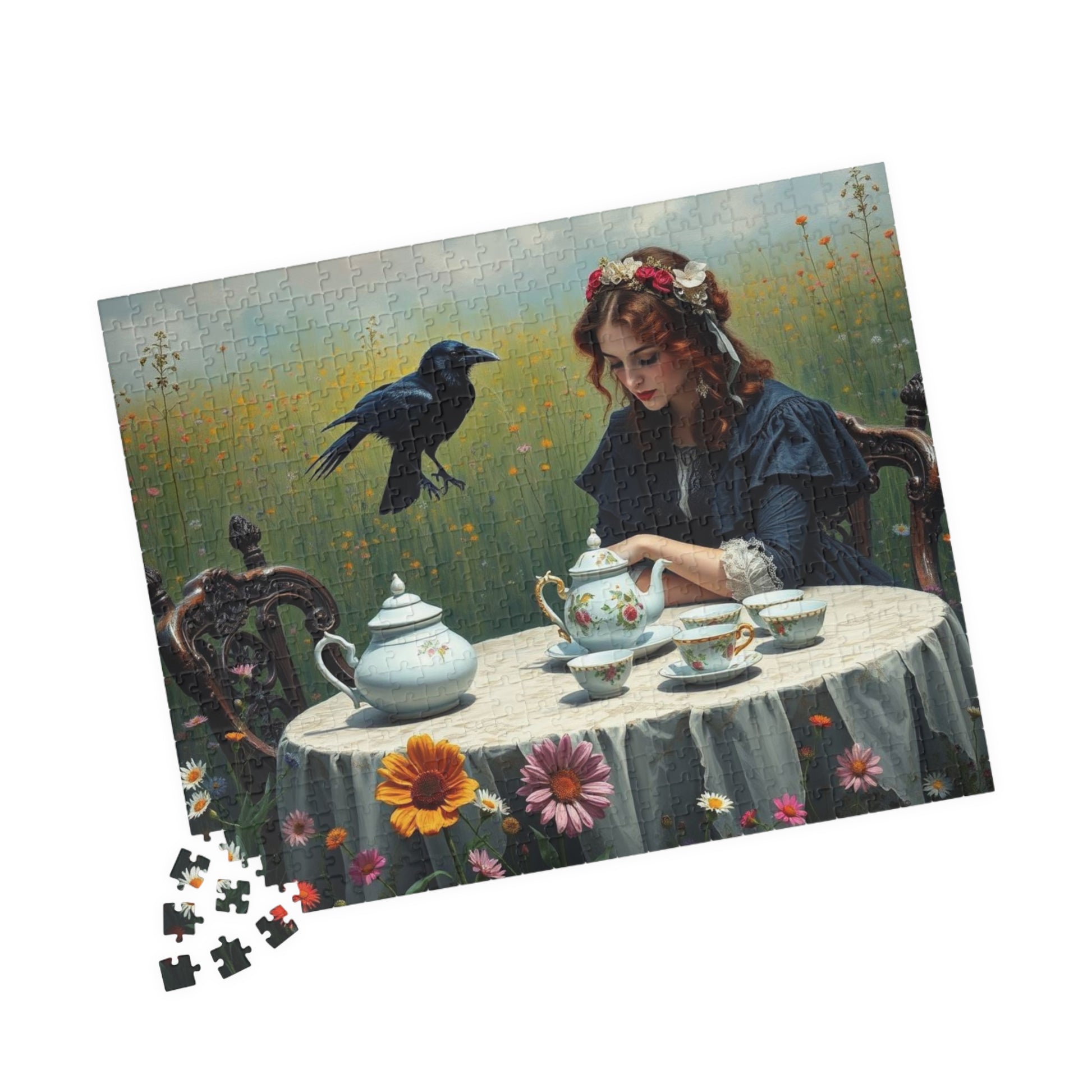 Melancholy Tea Party Jigsaw Puzzle, Victorian Woman and Raven, Gothic Art Print, Dark Fantasy Puzzle Lover Gift, Brain Teaser, Tabletop Game Puzzle The Puzzle Chest