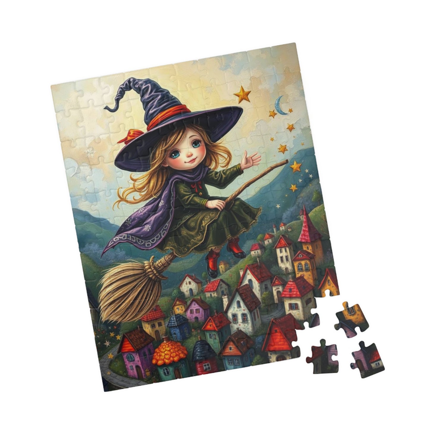 Friendly Flying Folklore - Whimsical Halloween Witch Jigsaw Puzzle, Folk Art Gift for Adult Puzzle Lover Family Game Night Indoor Activity