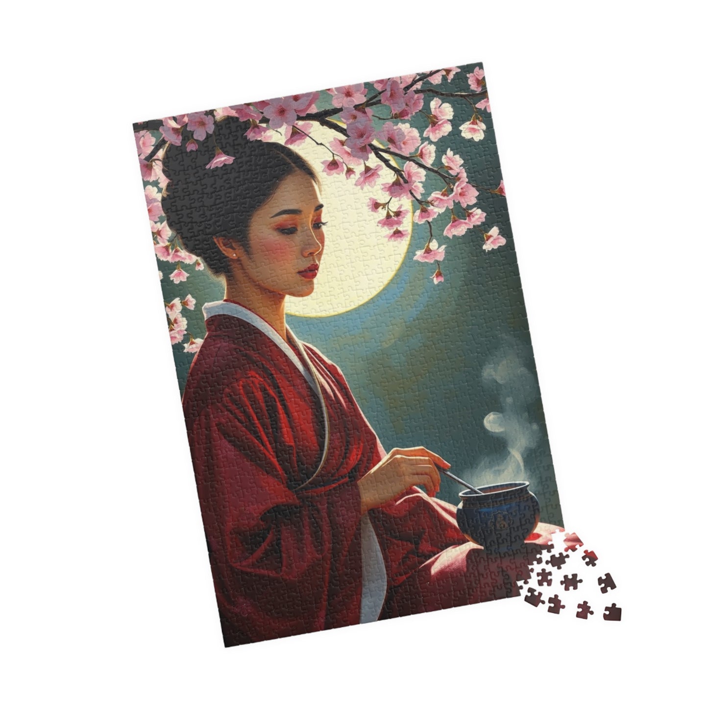 East Asian Cultural Jigsaw Puzzle (110-1014 Piece), Elegant Hanbok-Clad Woman, Traditional Tea Ceremony Under Cherry Blossom Tree, Best Gift Puzzle The Puzzle Chest