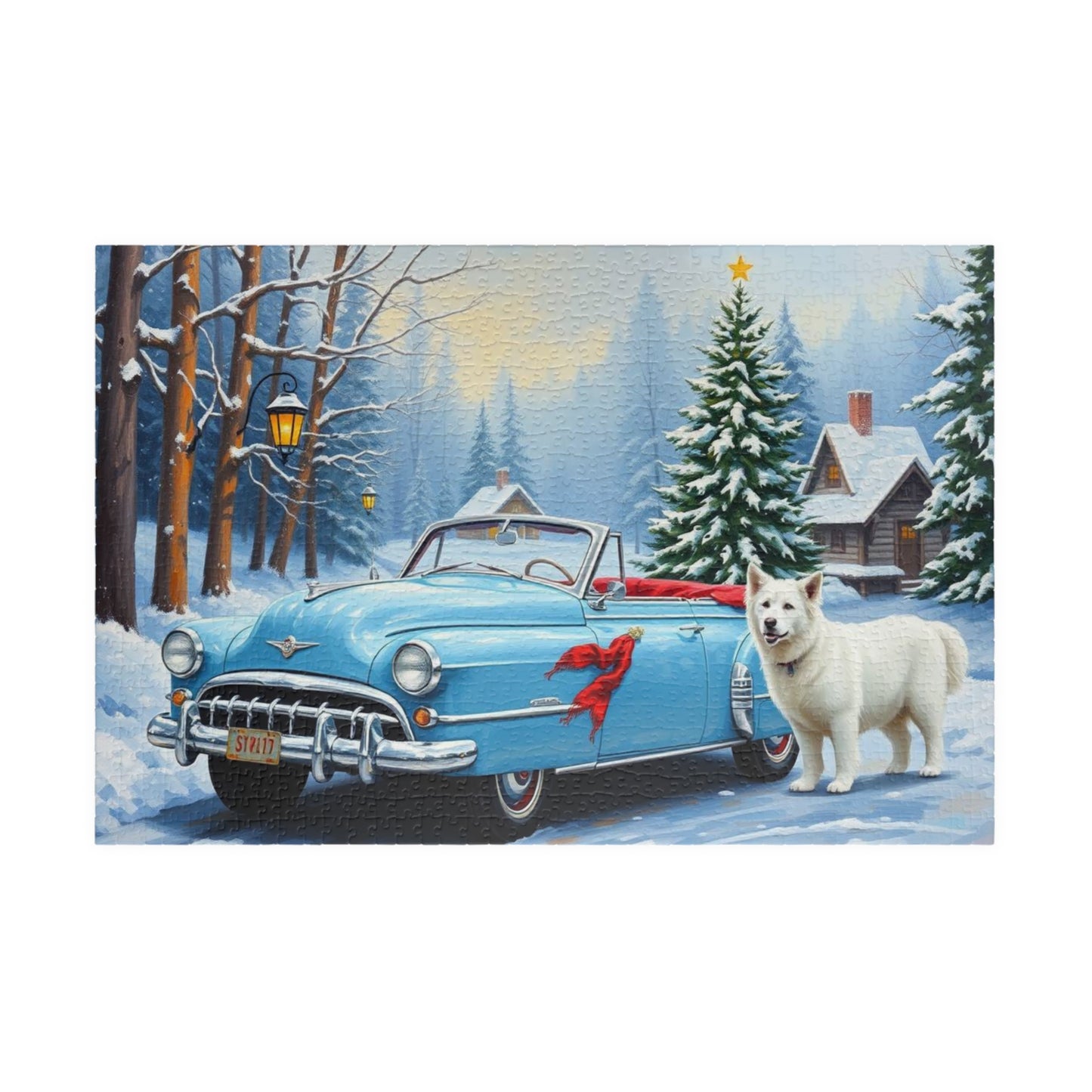 Evergreen Lane Jigsaw Puzzle - Vintage Car and Dog Scene, Holiday Gift for Friends, Family Activity, Christmas Cozy Indoor Fun Art Piece 1014 pcs (Horizontal) Puzzle The Puzzle Chest