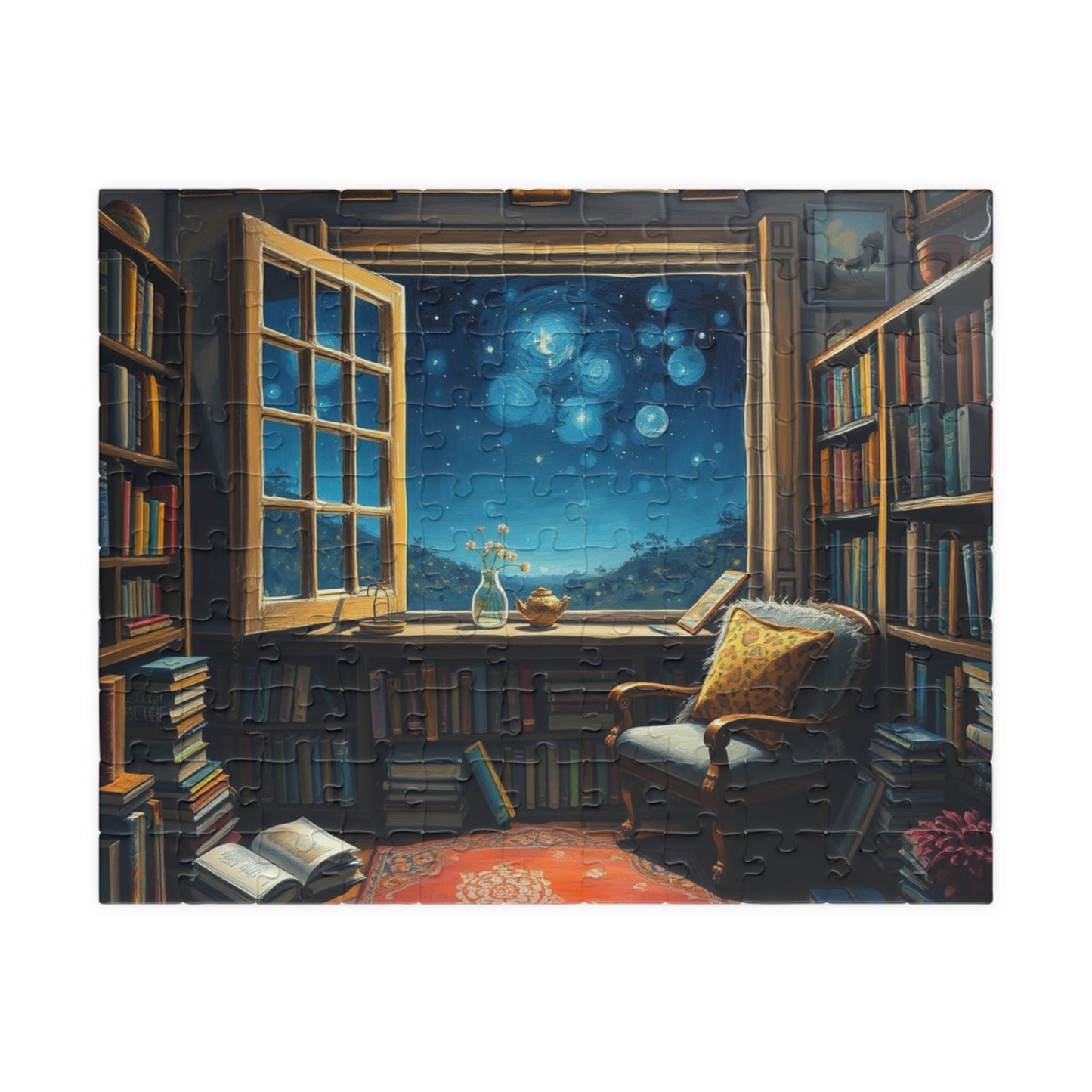 Cozy Library Jigsaw Puzzle - Starry Night Sky, Book Lover Gift, Educational Game, Mindfulness Activity, Literary Scene, Ideal for Family Fun 110 pcs (Horizontal) Puzzle The Puzzle Chest