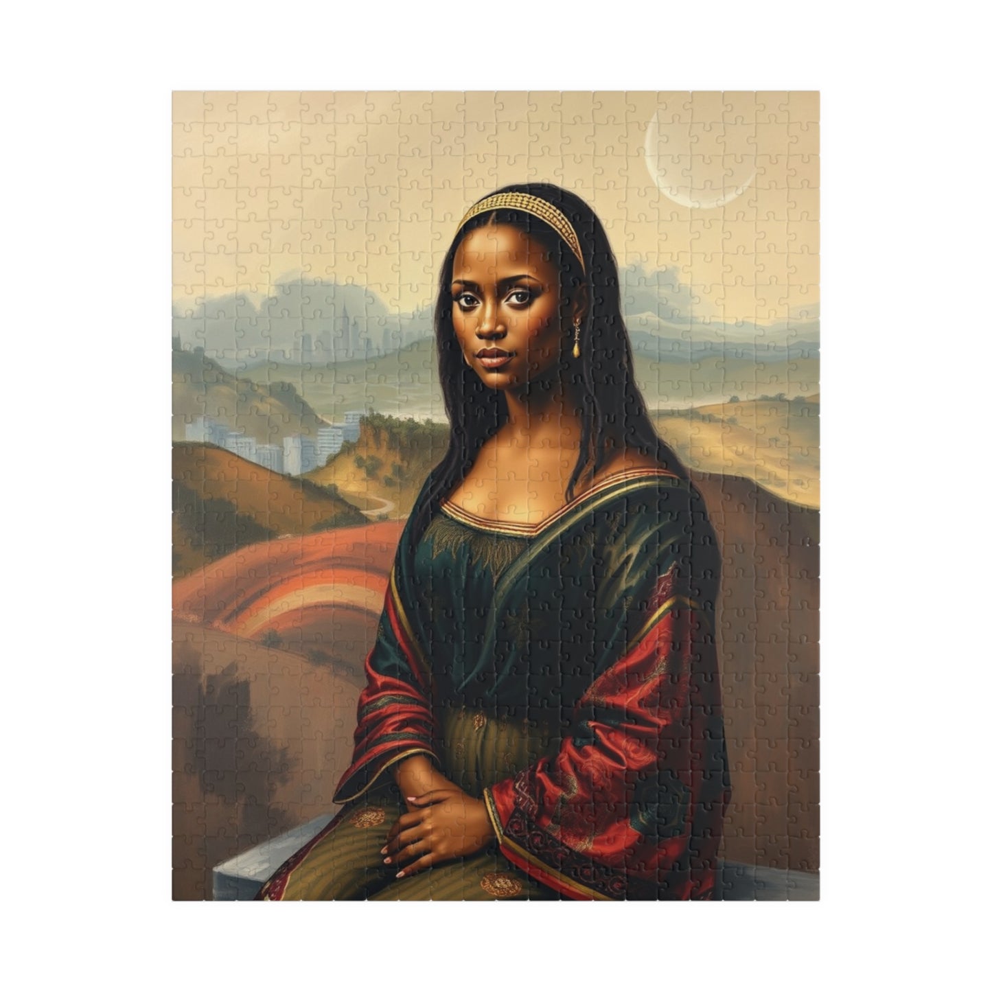 African American Woman Mona Lisa-Inspired Puzzle, Rolling Hills and Cityscape Background Jigsaw Game, Mindful Activity, Puzzle Lover Gift