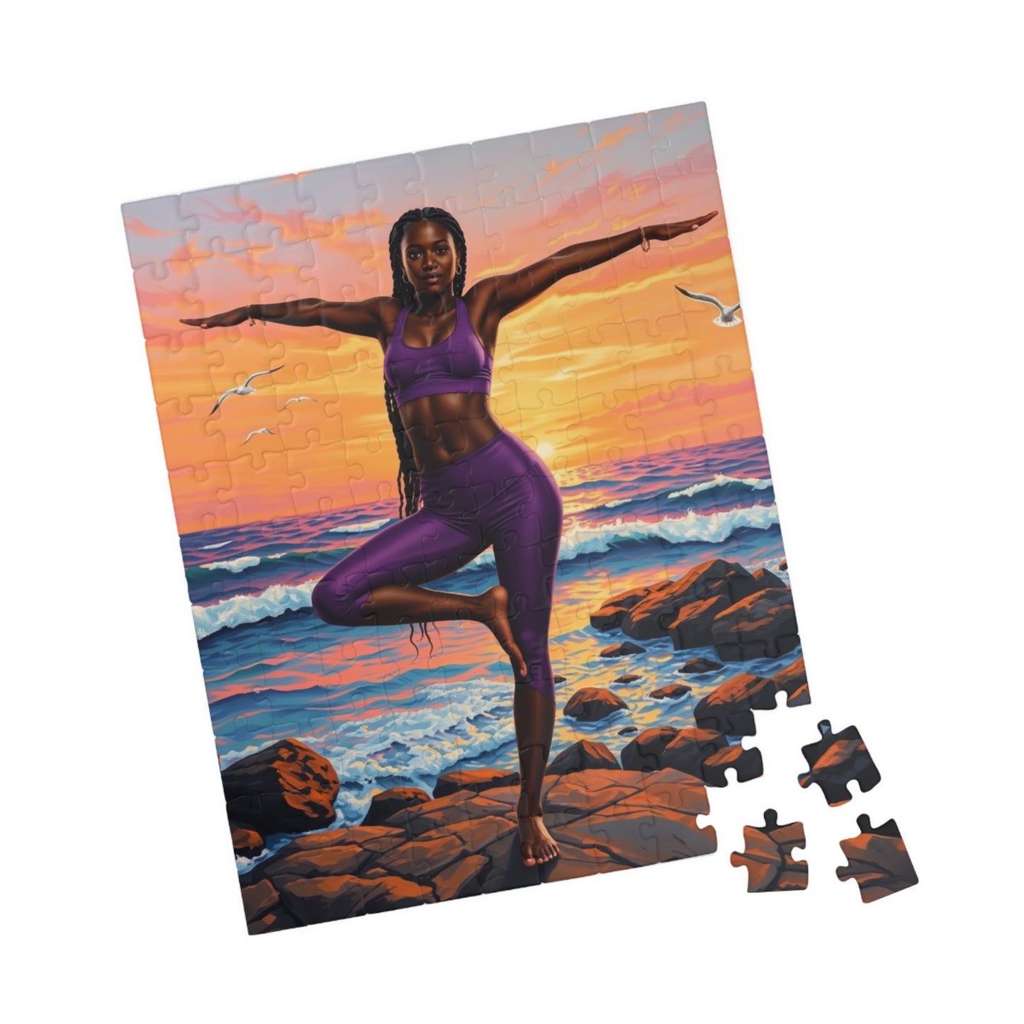 Yoga Sunset Puzzle - 110, 252, 520, 1014-piece African American Woman Beach Scene, Relaxing Gift, Mindfulness Family Activity, Fitness Lover The Puzzle Chest
